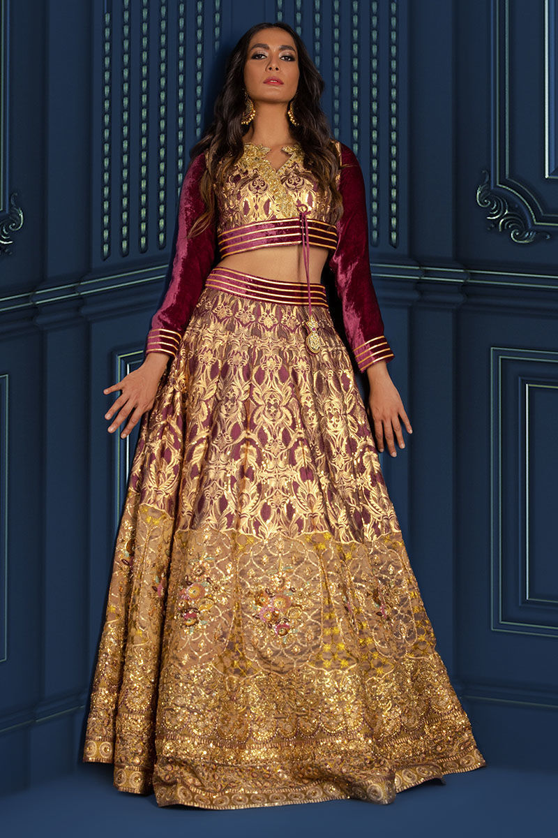 Antique Gold Zardozi Velvet & Silk Lehenga Choli (3-Piece) - Image 1