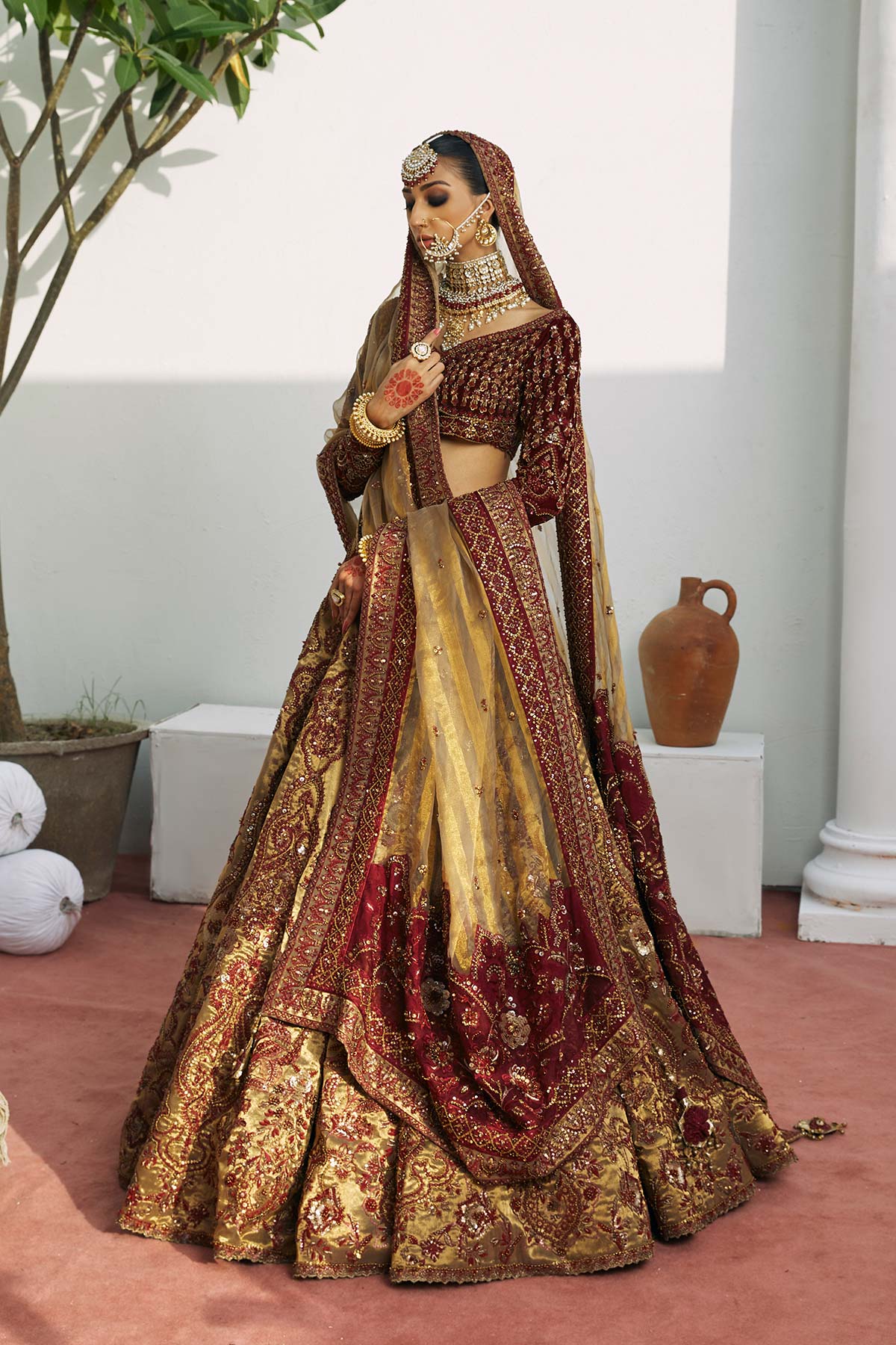Gold & Burnt Maroon Embroidered Velvet Tissue Lehenga Choli (3-Piece) - Image 1