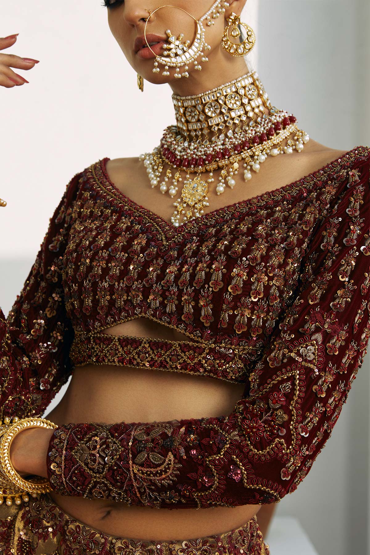 Gold & Burnt Maroon Embroidered Velvet Tissue Lehenga Choli (3-Piece) - Image 2