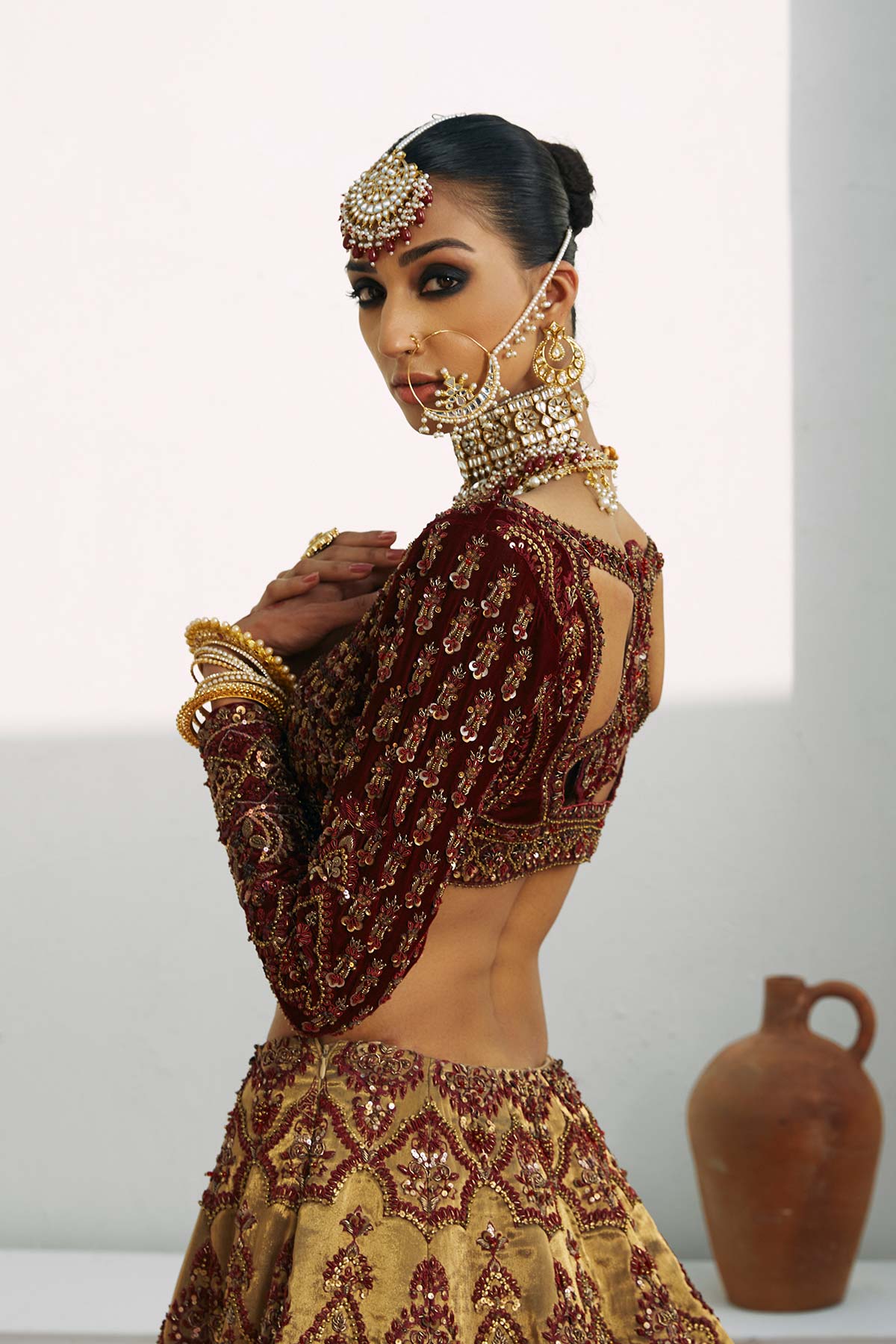 Gold & Burnt Maroon Embroidered Velvet Tissue Lehenga Choli (3-Piece) - Image 3