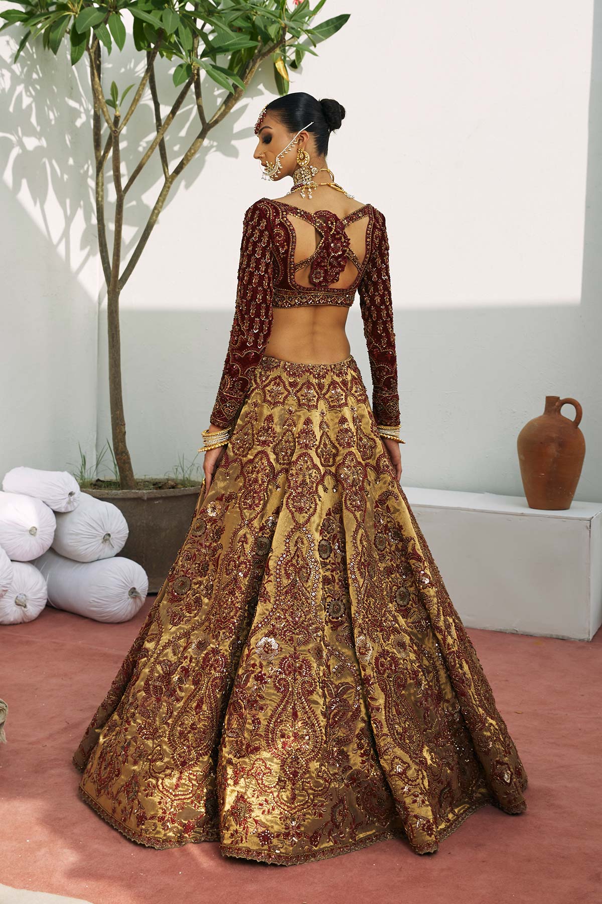 Gold & Burnt Maroon Embroidered Velvet Tissue Lehenga Choli (3-Piece) - Image 4