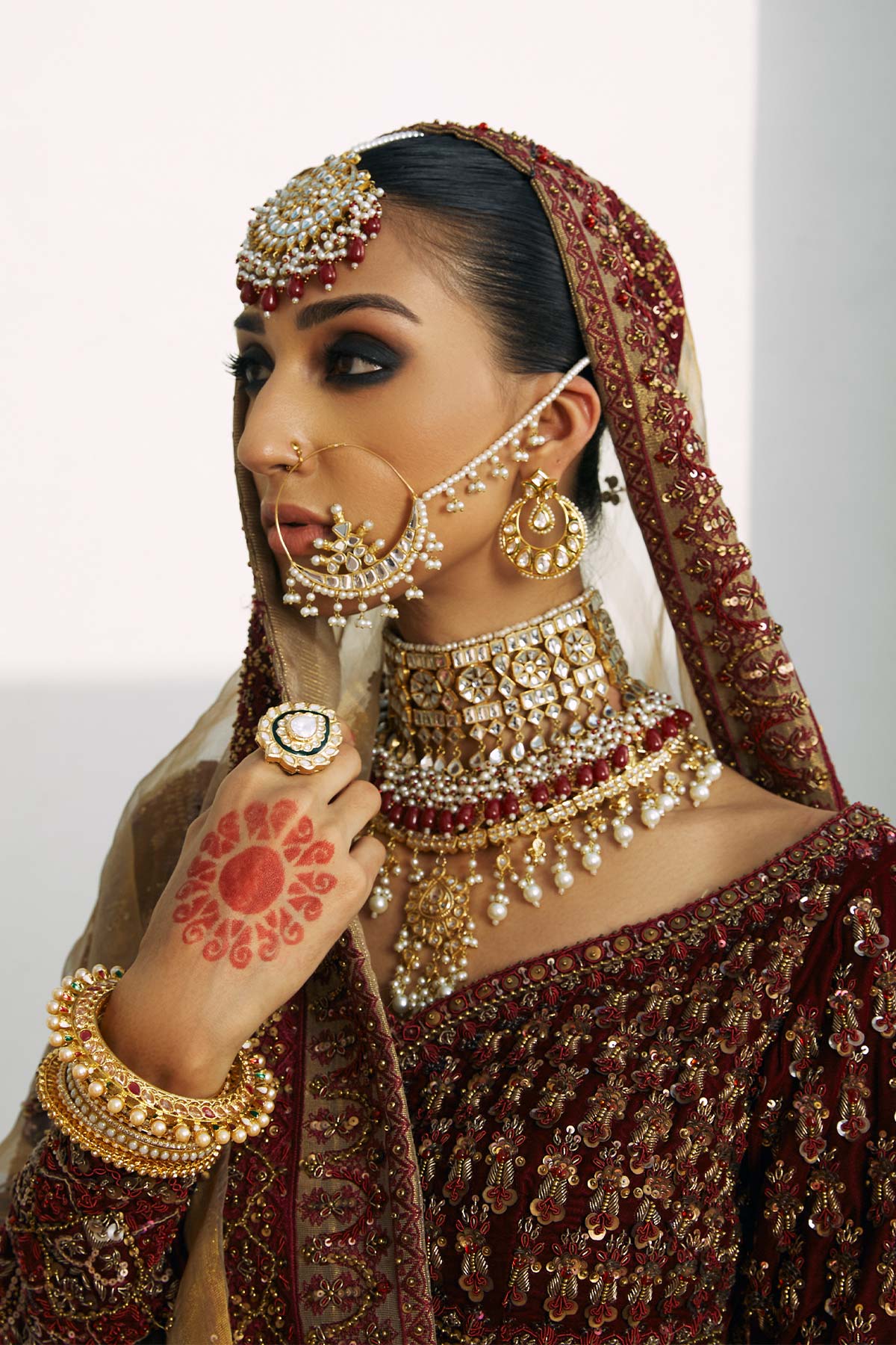 Gold & Burnt Maroon Embroidered Velvet Tissue Lehenga Choli (3-Piece) - Image 5