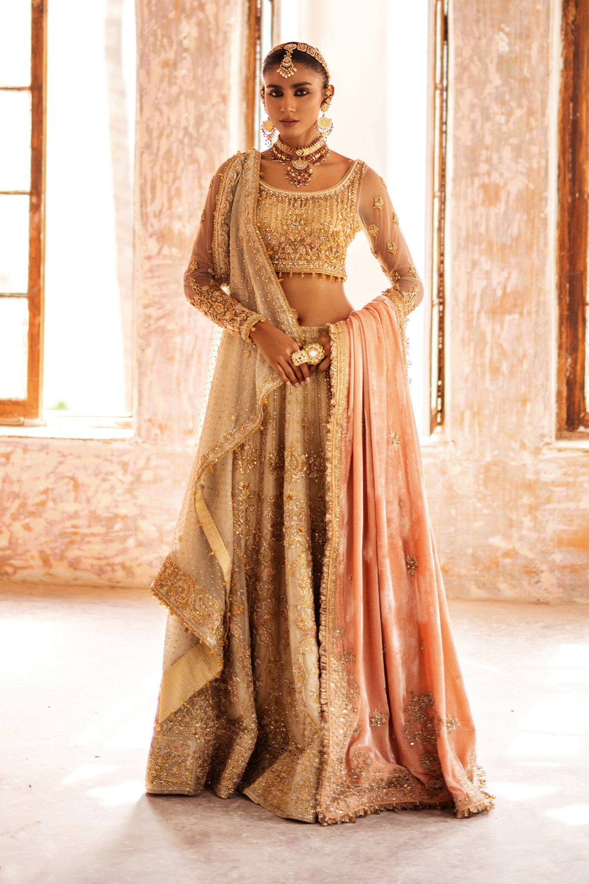 Pakistani Peach Hand-Embellished Velvet Shawl (1-Pc) - Image 1