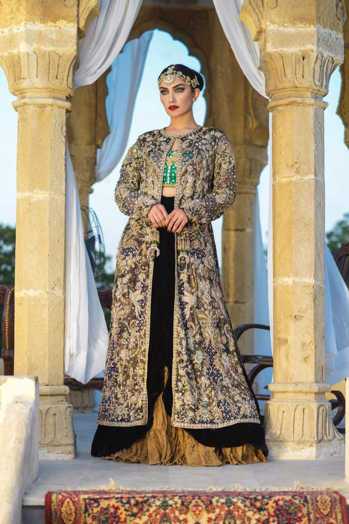 Gold Zardozi Velvet Coat Lehenga (3-Piece) - Image 1