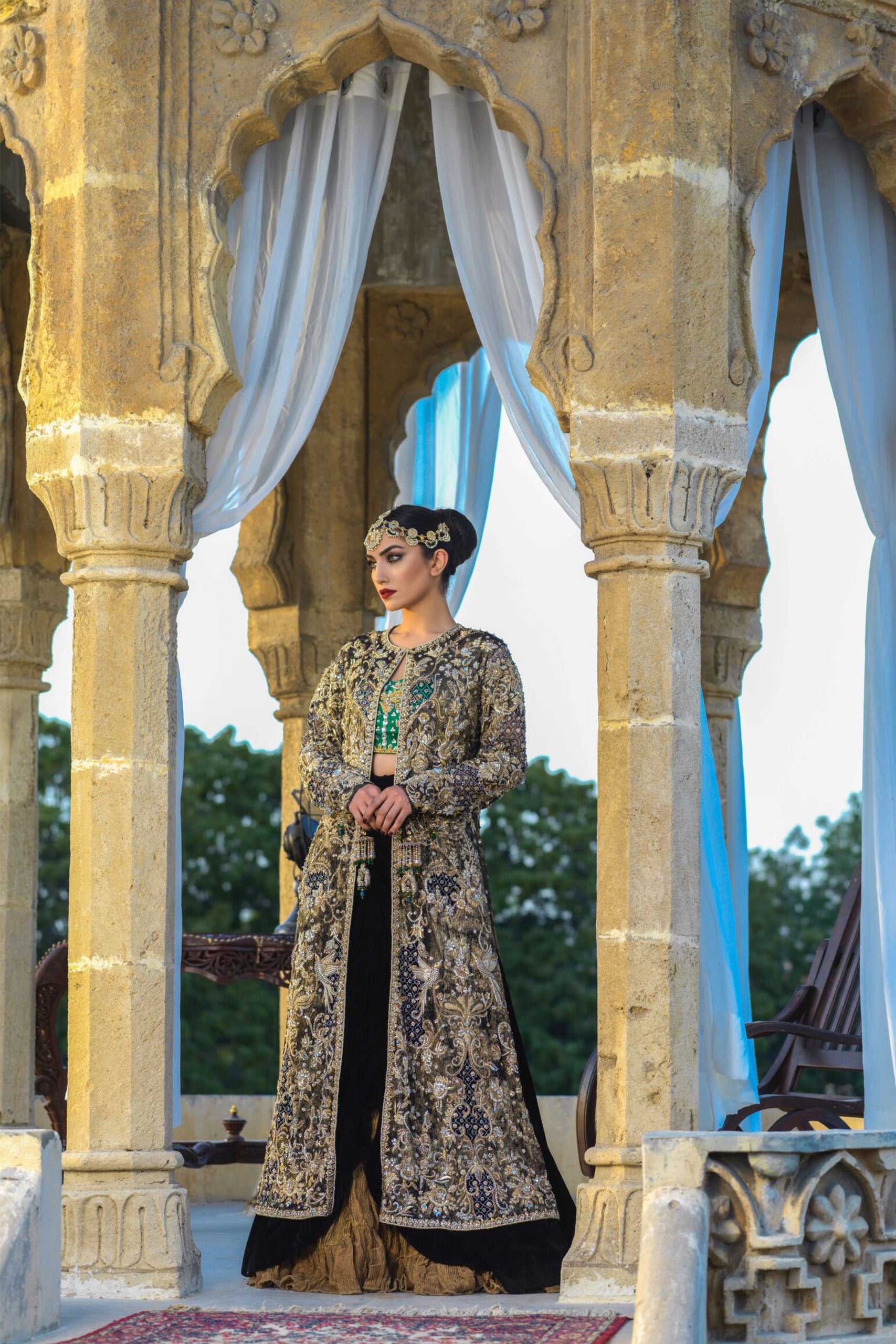 Gold Zardozi Velvet Coat Lehenga (3-Piece) - Image 6