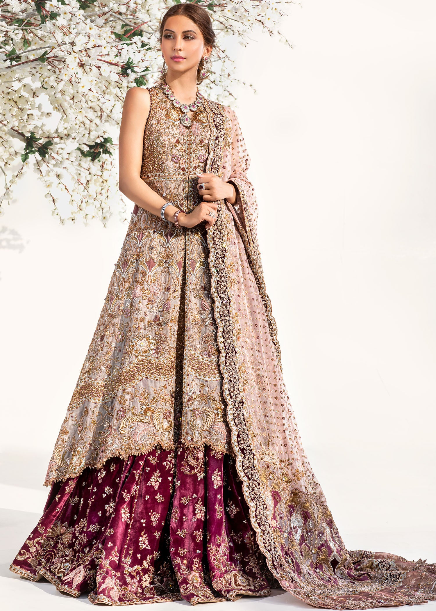 Rose Gold Embellished Velvet Lehenga Gown (3-Piece) - Image 1