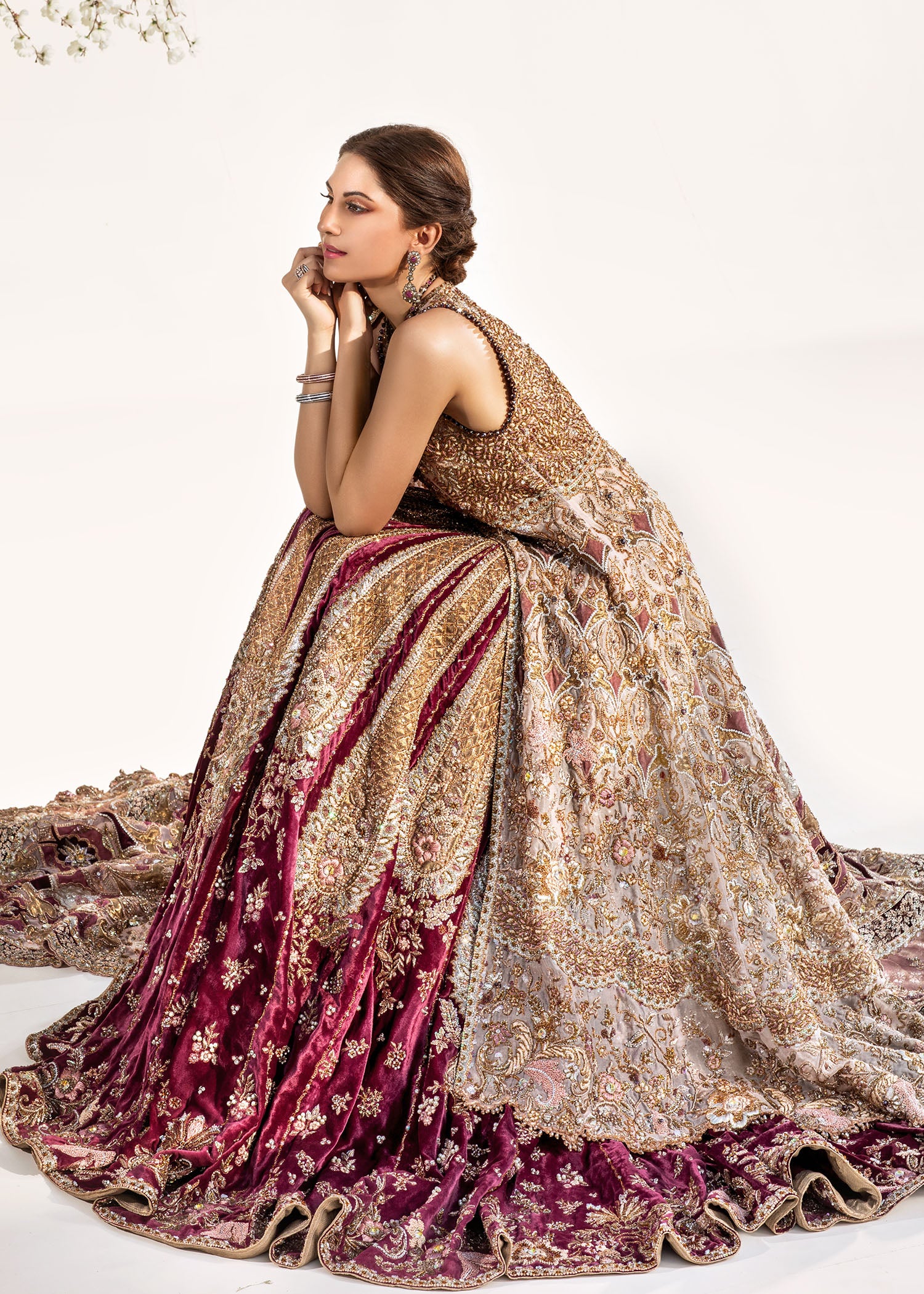 Rose Gold Embellished Velvet Lehenga Gown (3-Piece) - Image 2