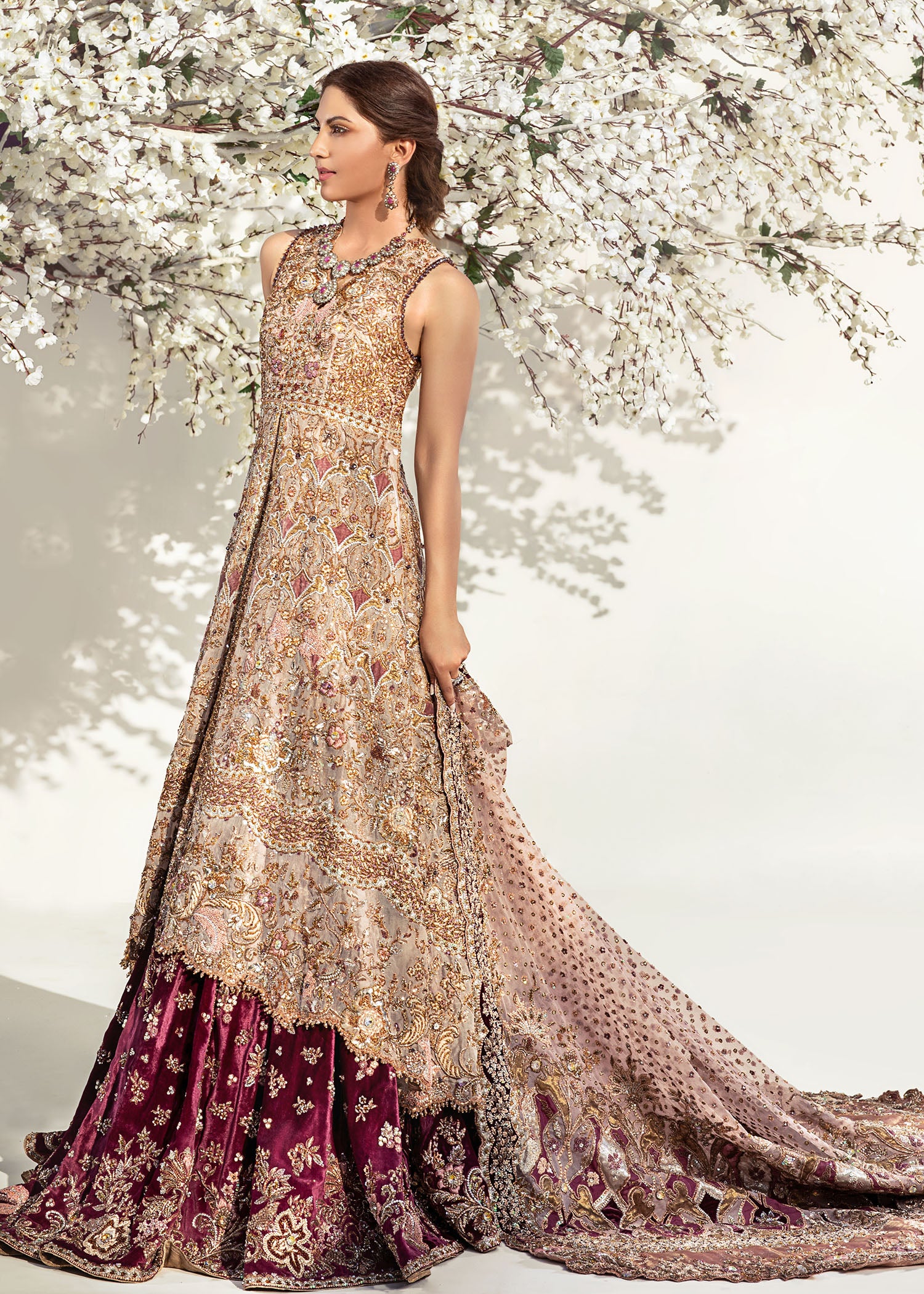 Rose Gold Embellished Velvet Lehenga Gown (3-Piece) - Image 3