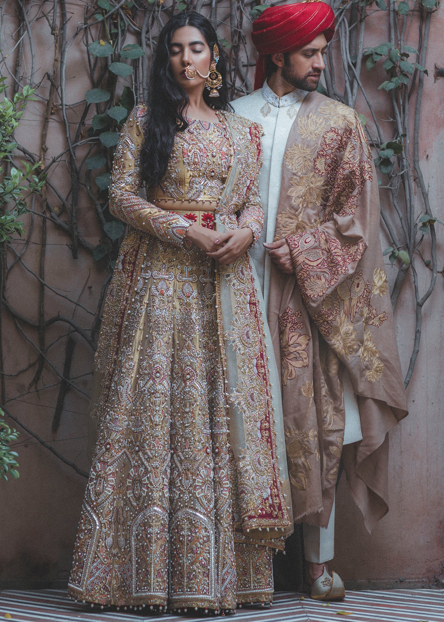 Peach-Gold Embroidered Vintage Tissue Lehenga (3-Piece) - Image 1