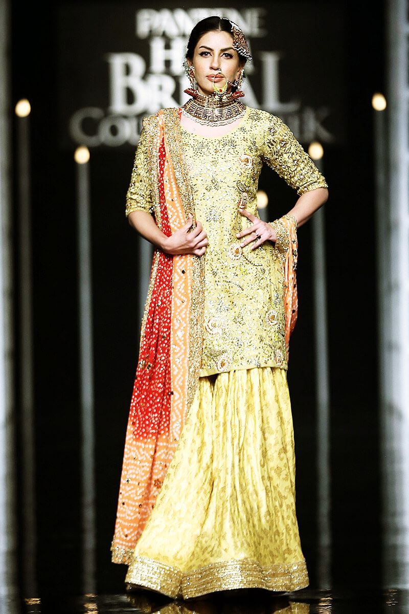 Pakistani Yellow Gold Zardozi Lehenga Set (3-Piece) - Image 1