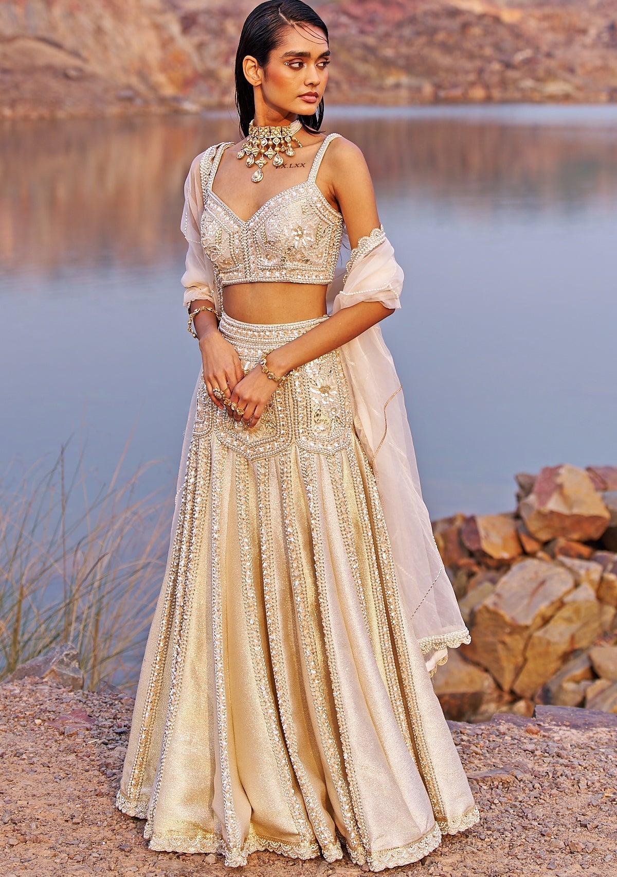 Nude Gold Zari Brocade Mermaid Lehenga Set (3-Piece) - Image 2