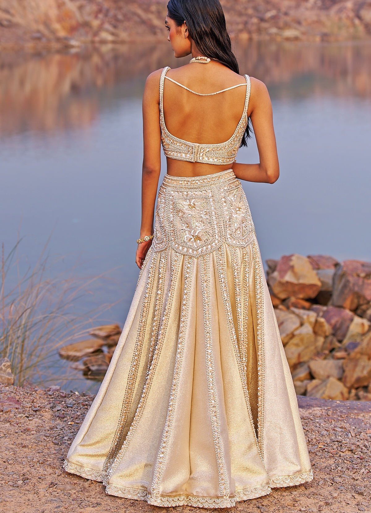 Nude Gold Zari Brocade Mermaid Lehenga Set (3-Piece) - Image 5