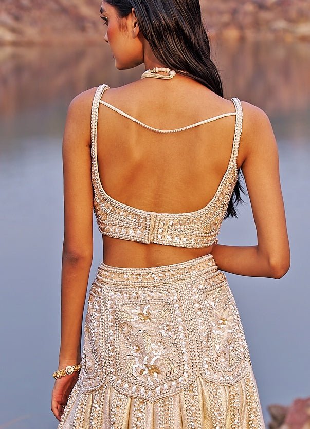 Nude Gold Zari Brocade Mermaid Lehenga Set (3-Piece) - Image 6