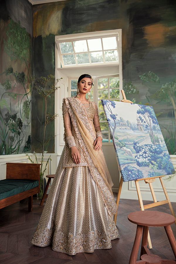 Gold Zari Net Bridal Lehenga with Hand Embellishment (3-Piece) - Image 2