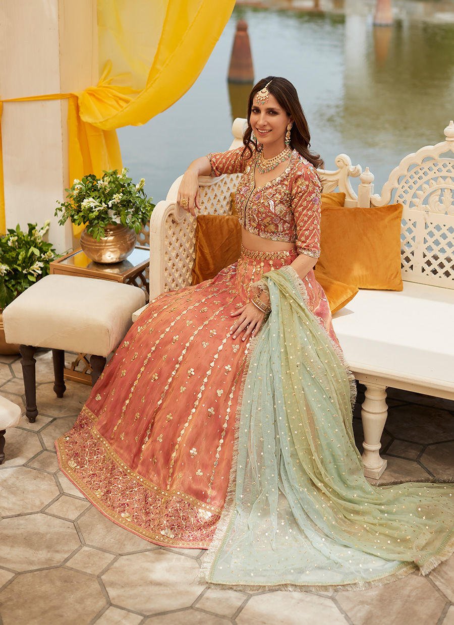 Rose Gold Embellished Zari Silk Lehenga Choli (3-Piece) - Image 1