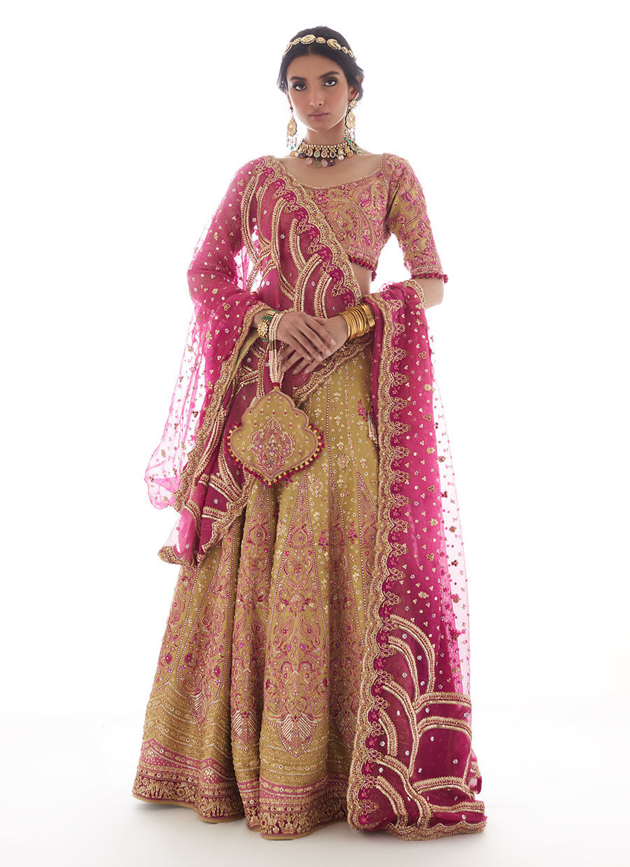 Pakistani Kiwi Gold Zari Embroidered Lehnga Choli (3-Piece) - Image 1
