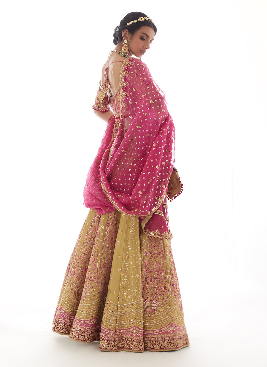 Pakistani Kiwi Gold Zari Embroidered Lehnga Choli (3-Piece) - Image 5