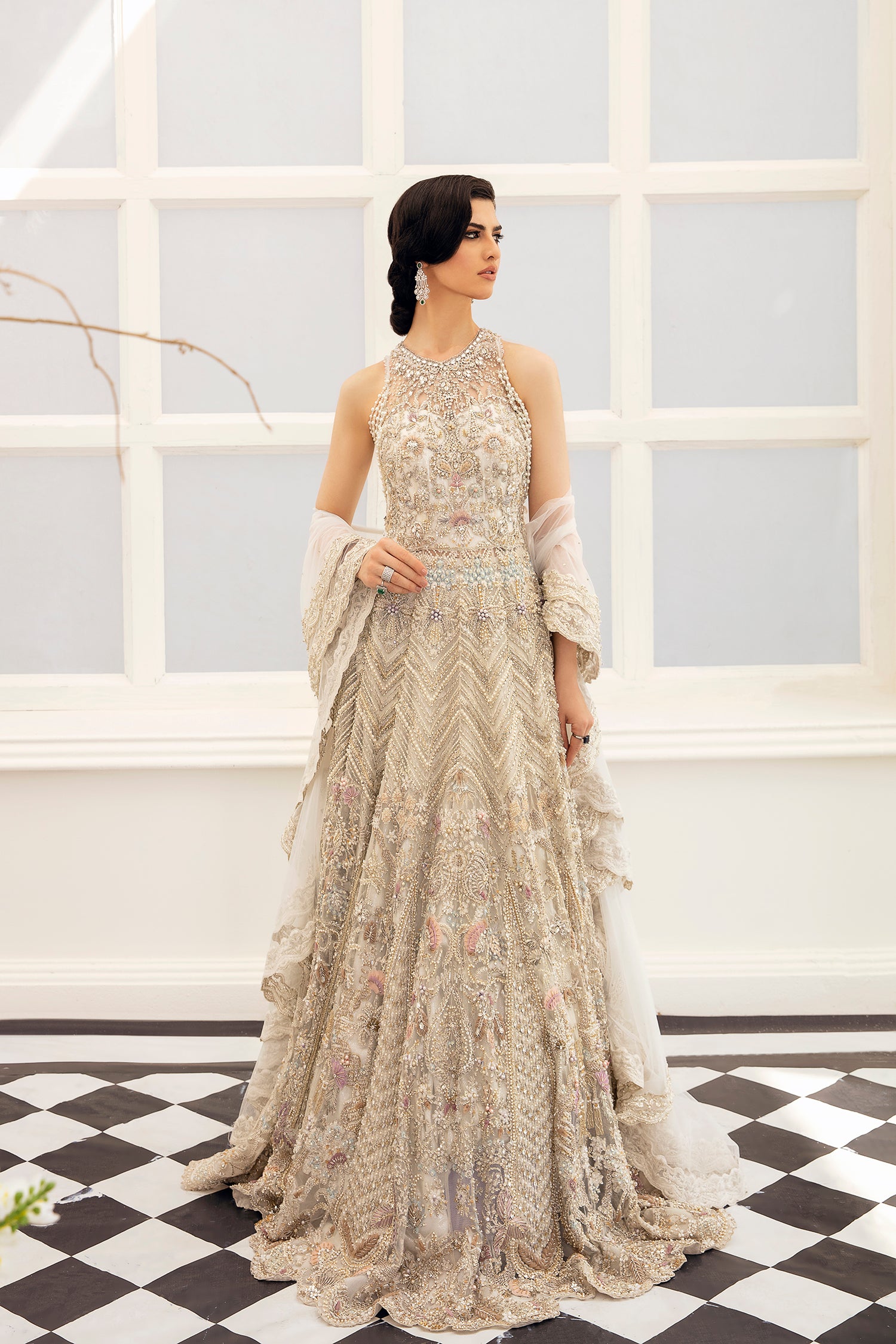 Pakistani Champagne Embellished Net Maxi Dress (3-Piece) - Image 1