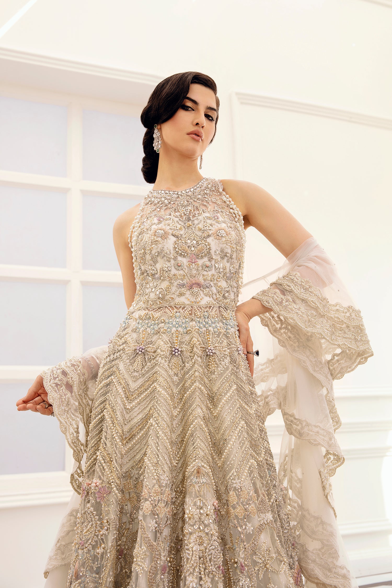 Pakistani Champagne Embellished Net Maxi Dress (3-Piece) - Image 2