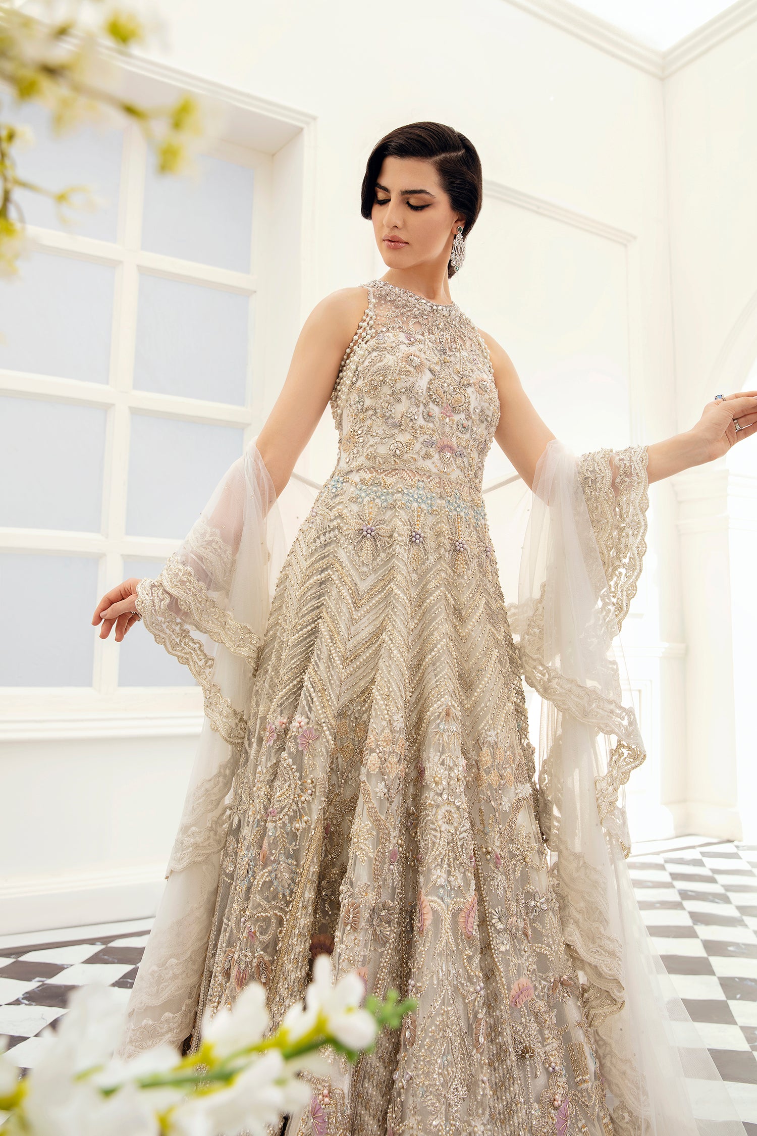 Pakistani Champagne Embellished Net Maxi Dress (3-Piece) - Image 3