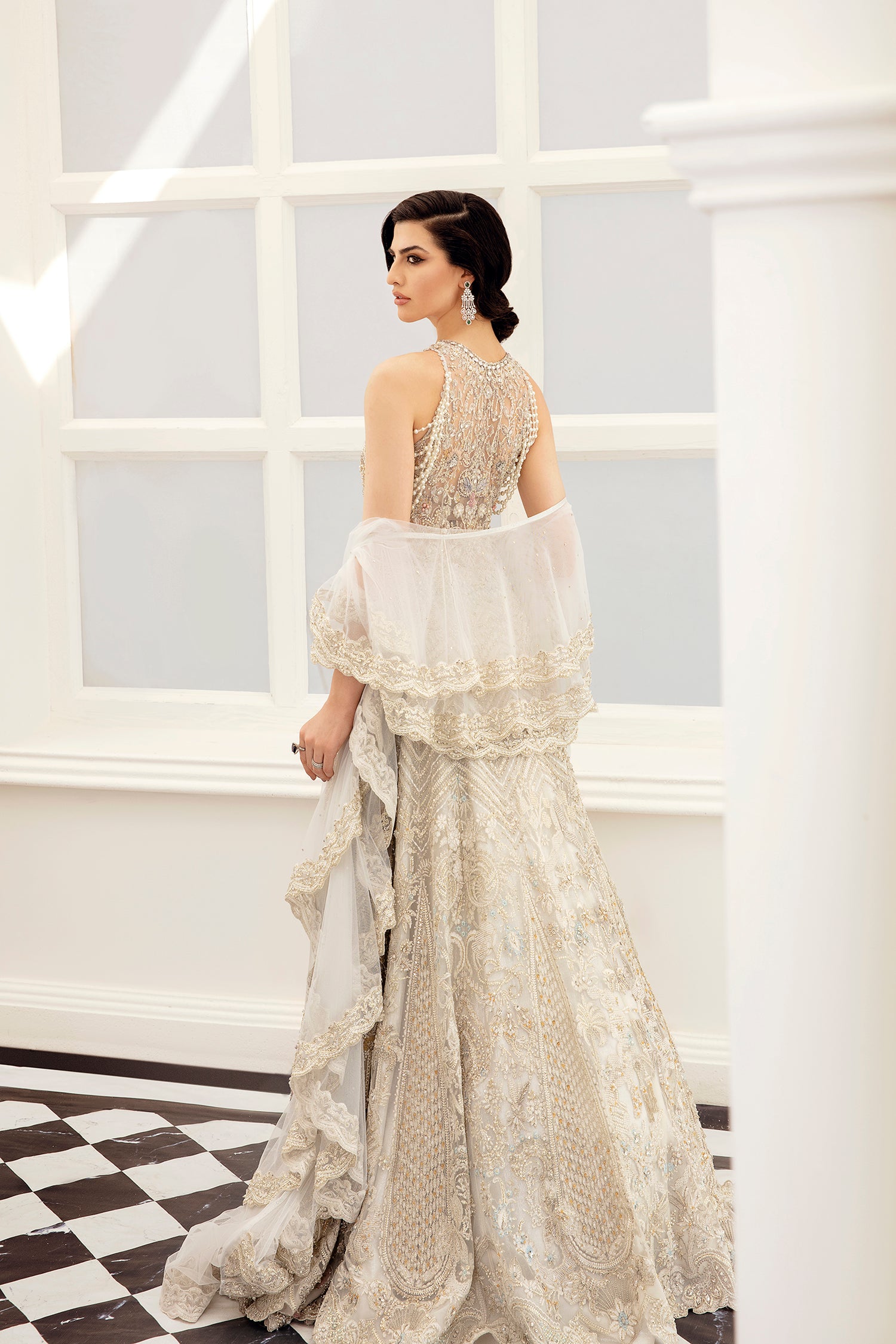 Pakistani Champagne Embellished Net Maxi Dress (3-Piece) - Image 4