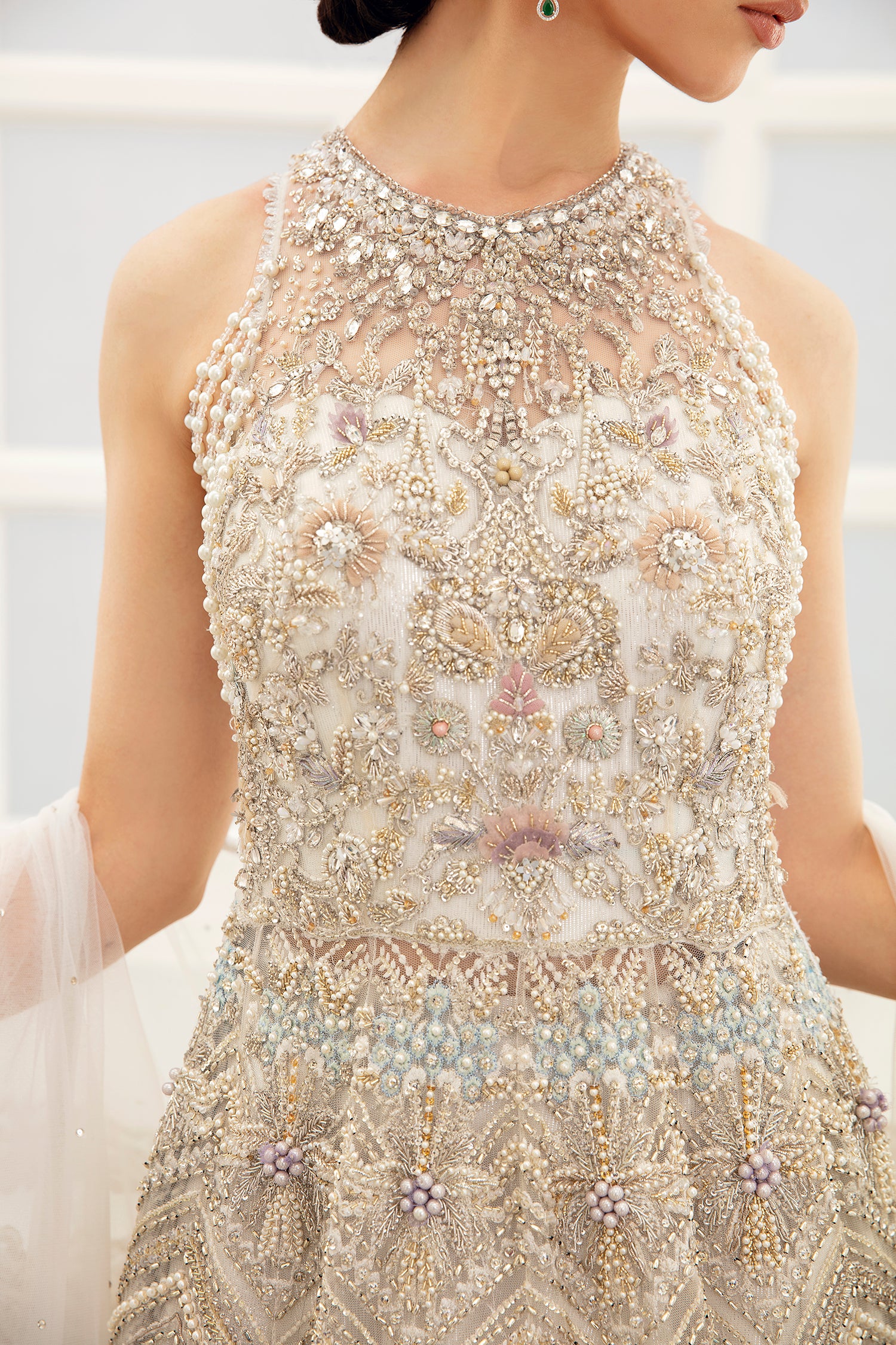 Pakistani Champagne Embellished Net Maxi Dress (3-Piece) - Image 5