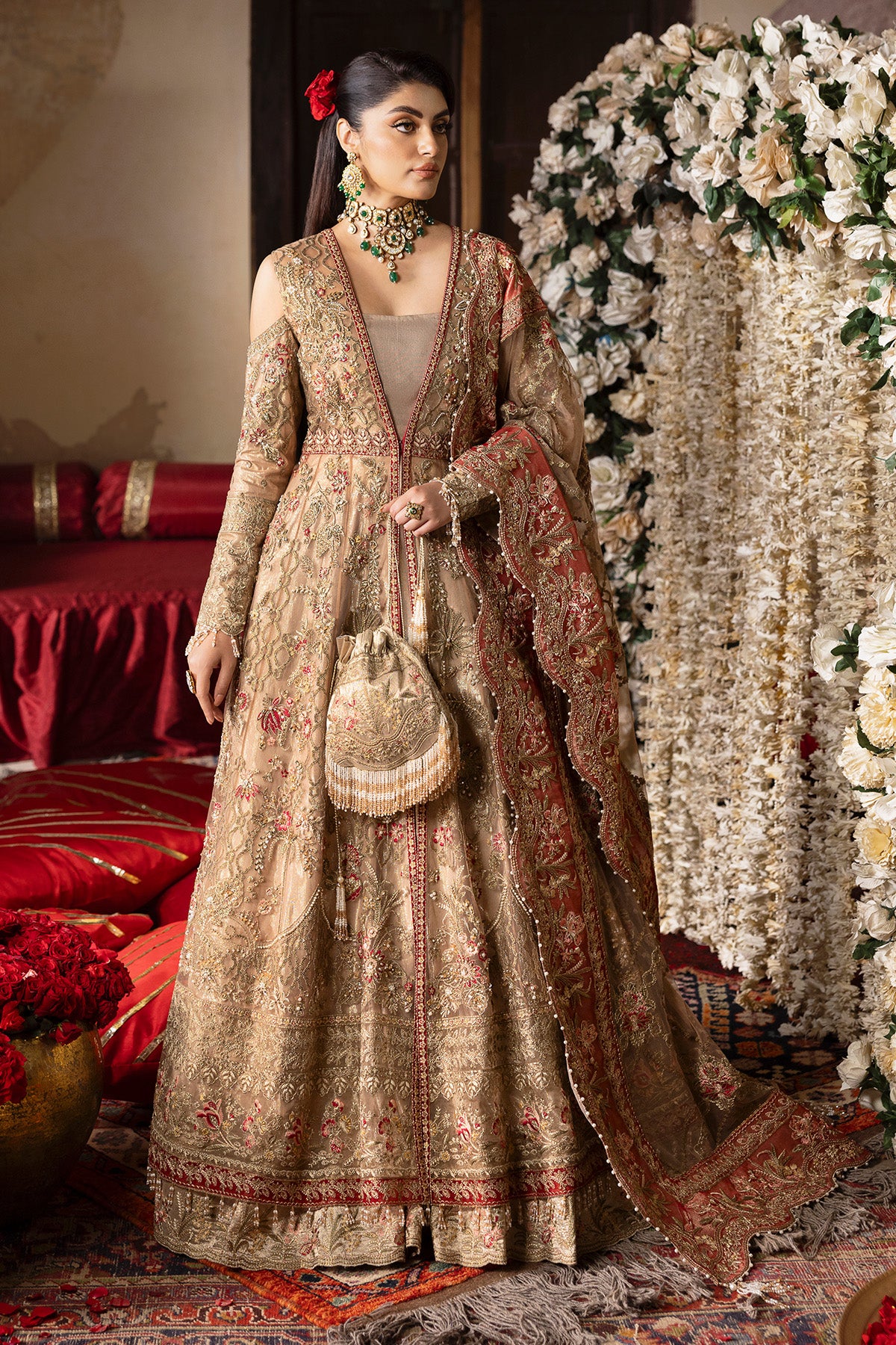 Pakistani Gold Hand-Embellished Net & Organza Maxi (2-Piece) - Image 1