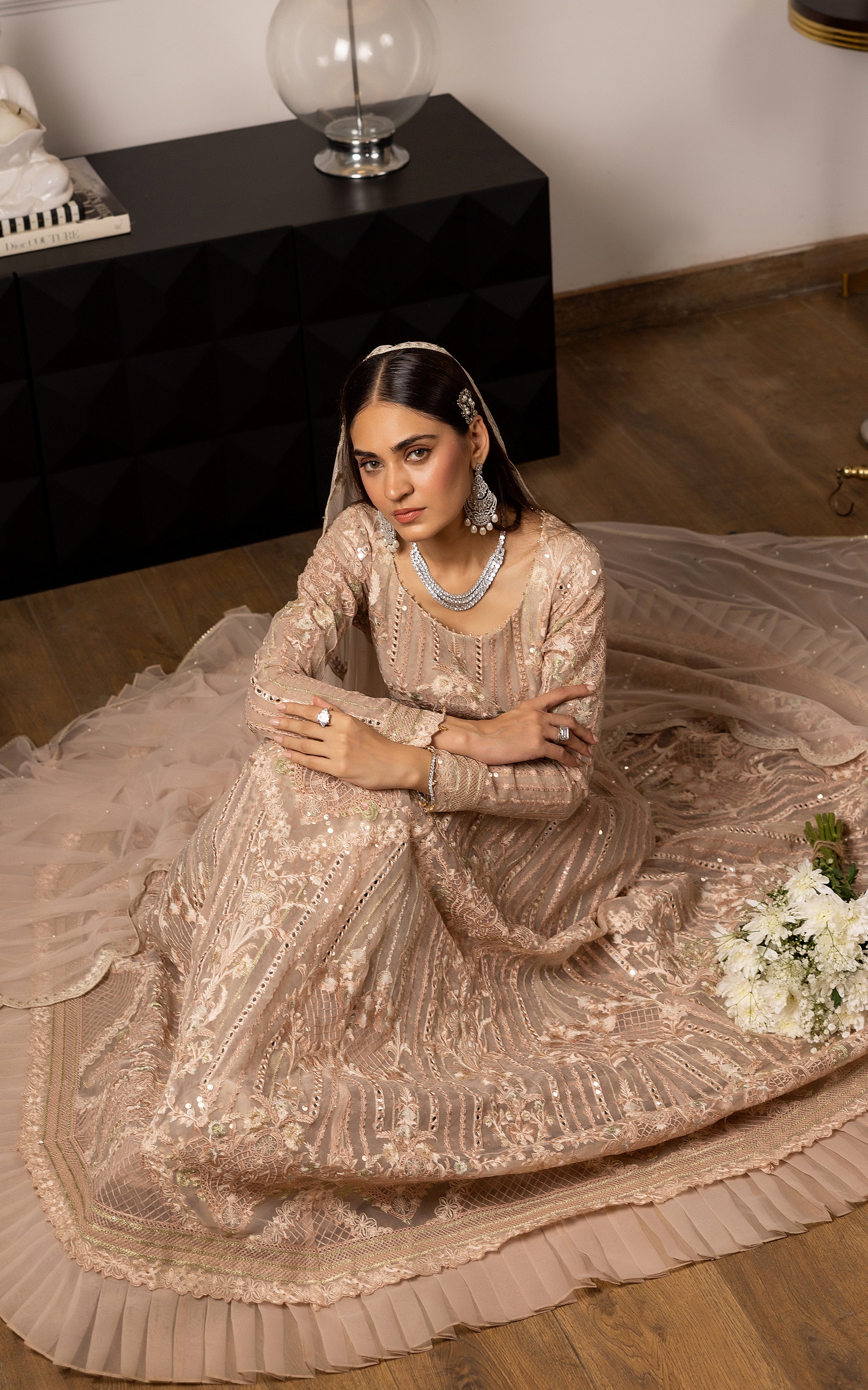 Pakistani Champagne Embroidered Net Maxi Dress (2-Piece) - Image 2