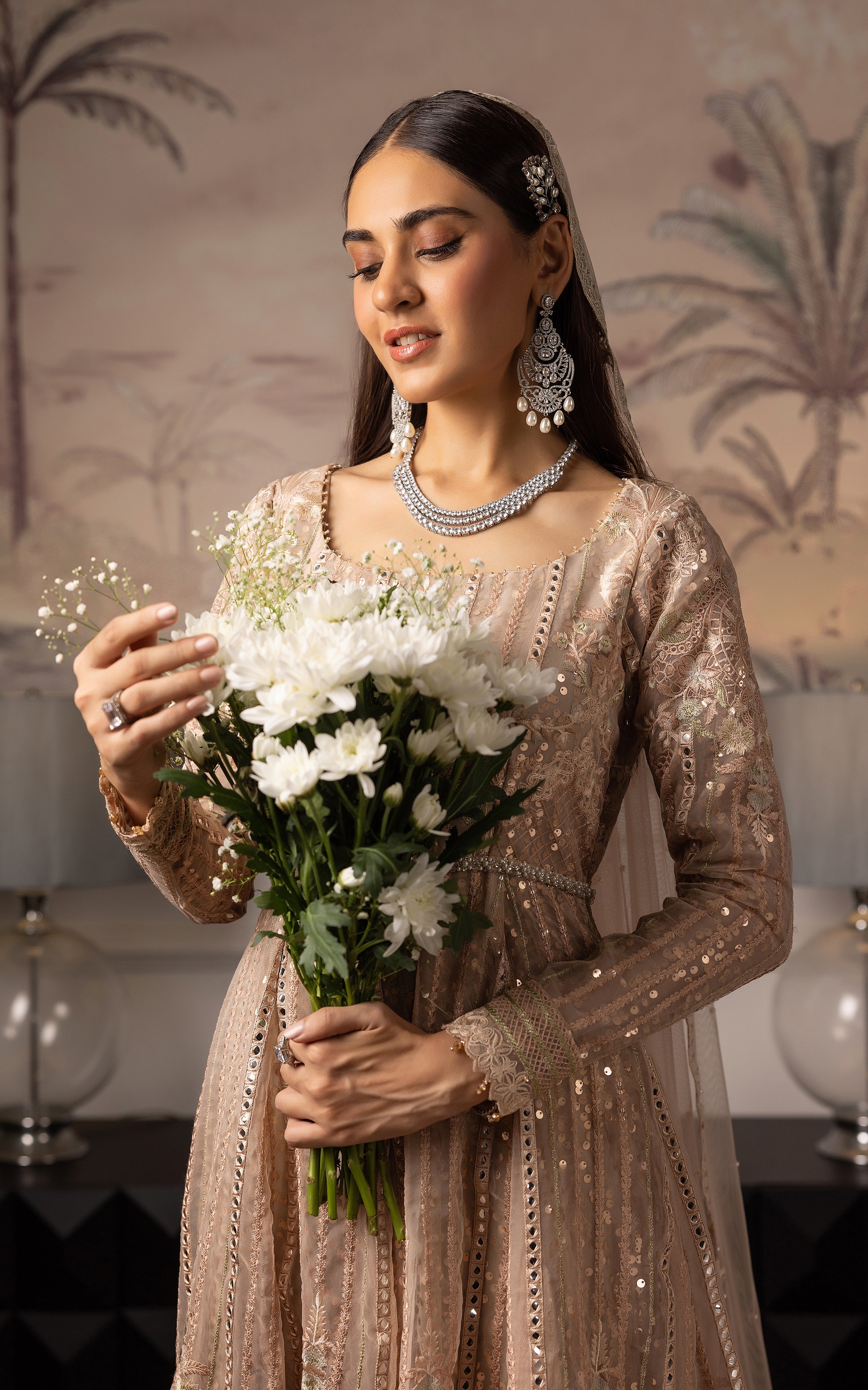 Pakistani Champagne Embroidered Net Maxi Dress (2-Piece) - Image 4