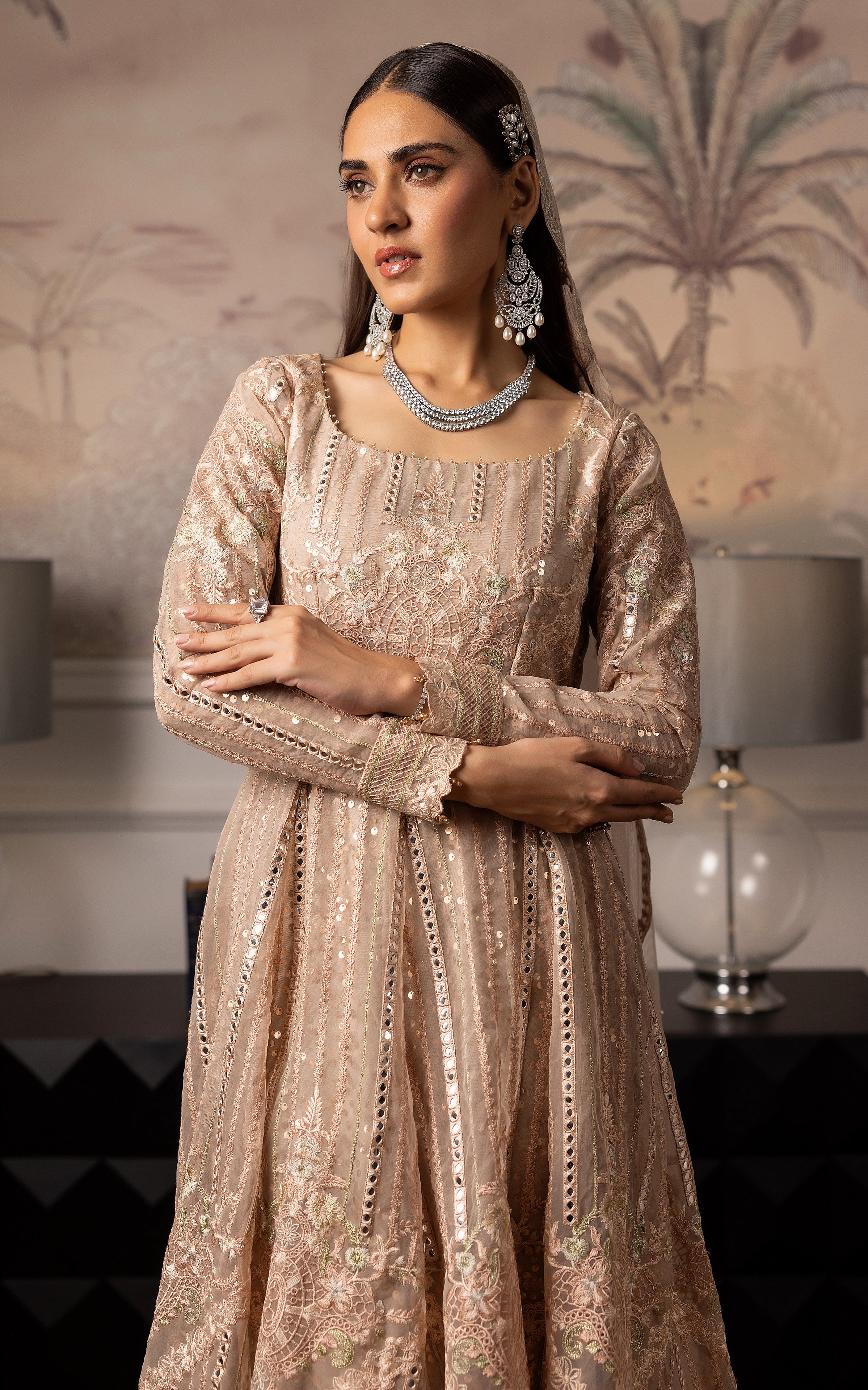 Pakistani Champagne Embroidered Net Maxi Dress (2-Piece) - Image 6