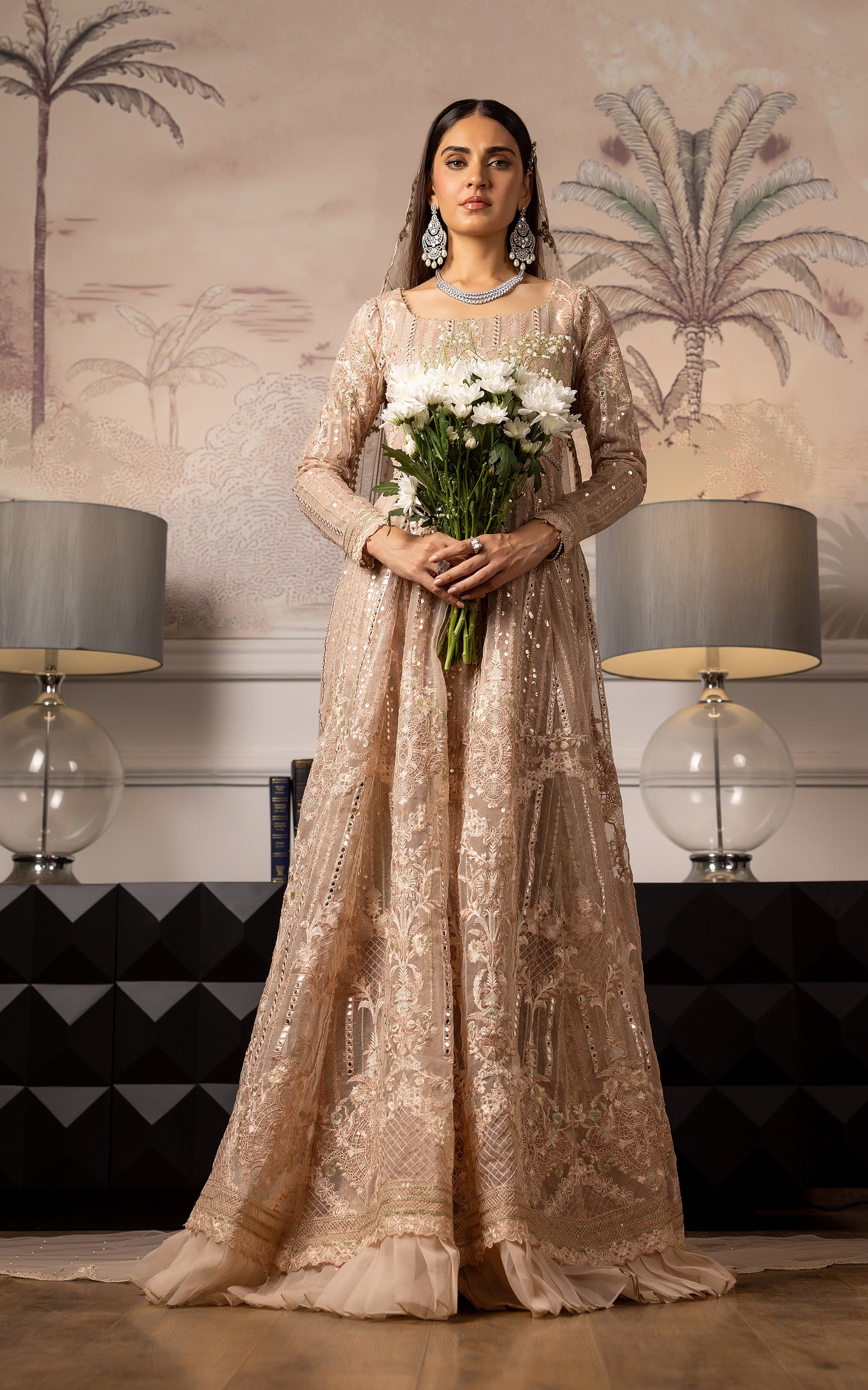 Pakistani Champagne Embroidered Net Maxi Dress (2-Piece) - Image 7