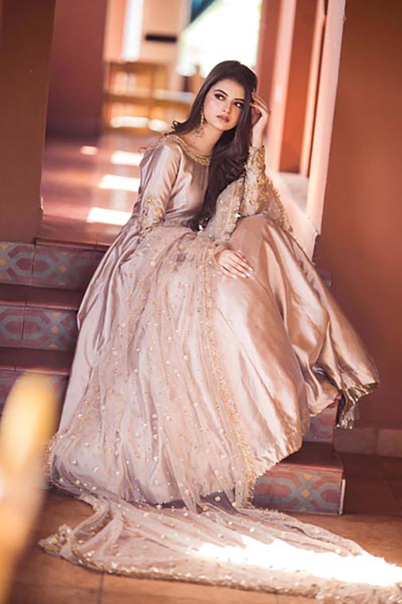 Pakistani Champagne Embroidered Raw Silk Maxi Dress (2-Piece) - Image 1