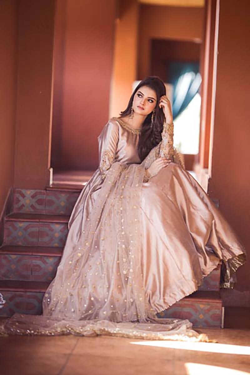 Pakistani Champagne Embroidered Raw Silk Maxi Dress (2-Piece) - Image 2