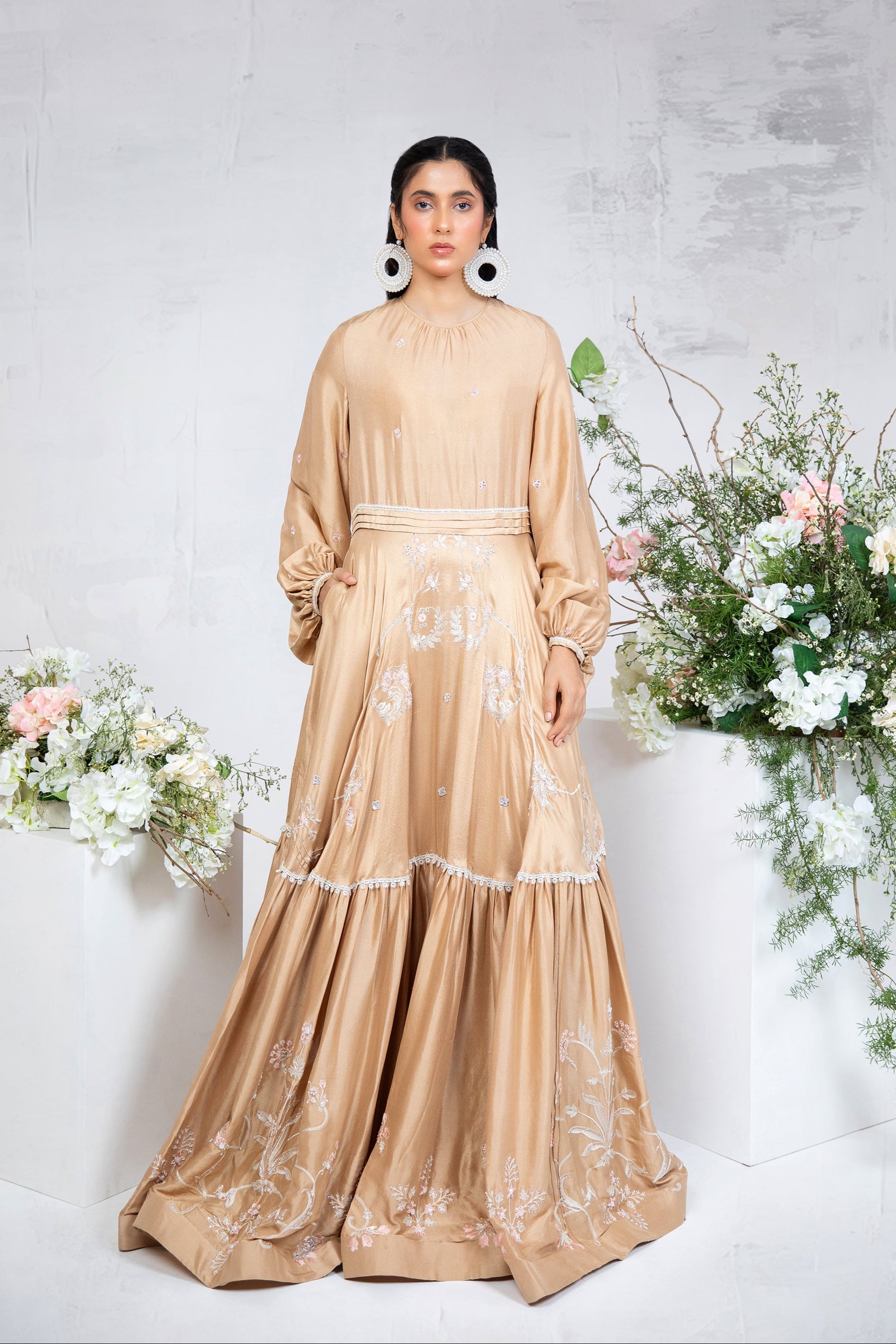 Pakistani Butter Gold Embroidered Silk Maxi Dress (1-Pc) - Image 1