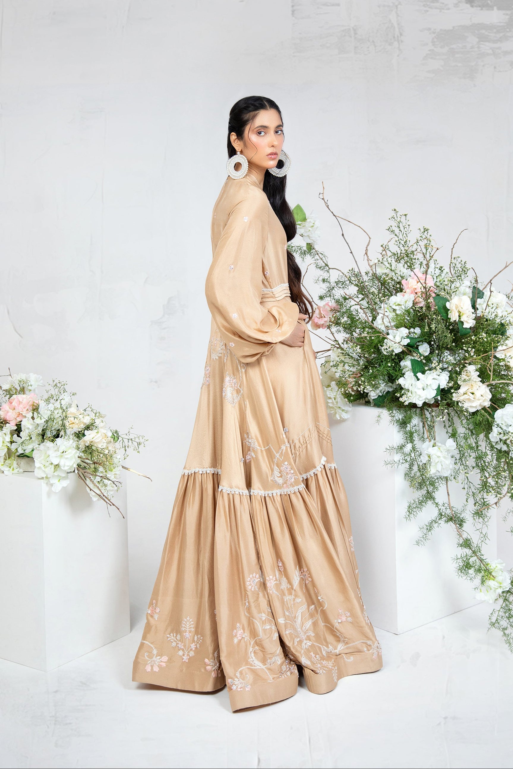 Pakistani Butter Gold Embroidered Silk Maxi Dress (1-Pc) - Image 2