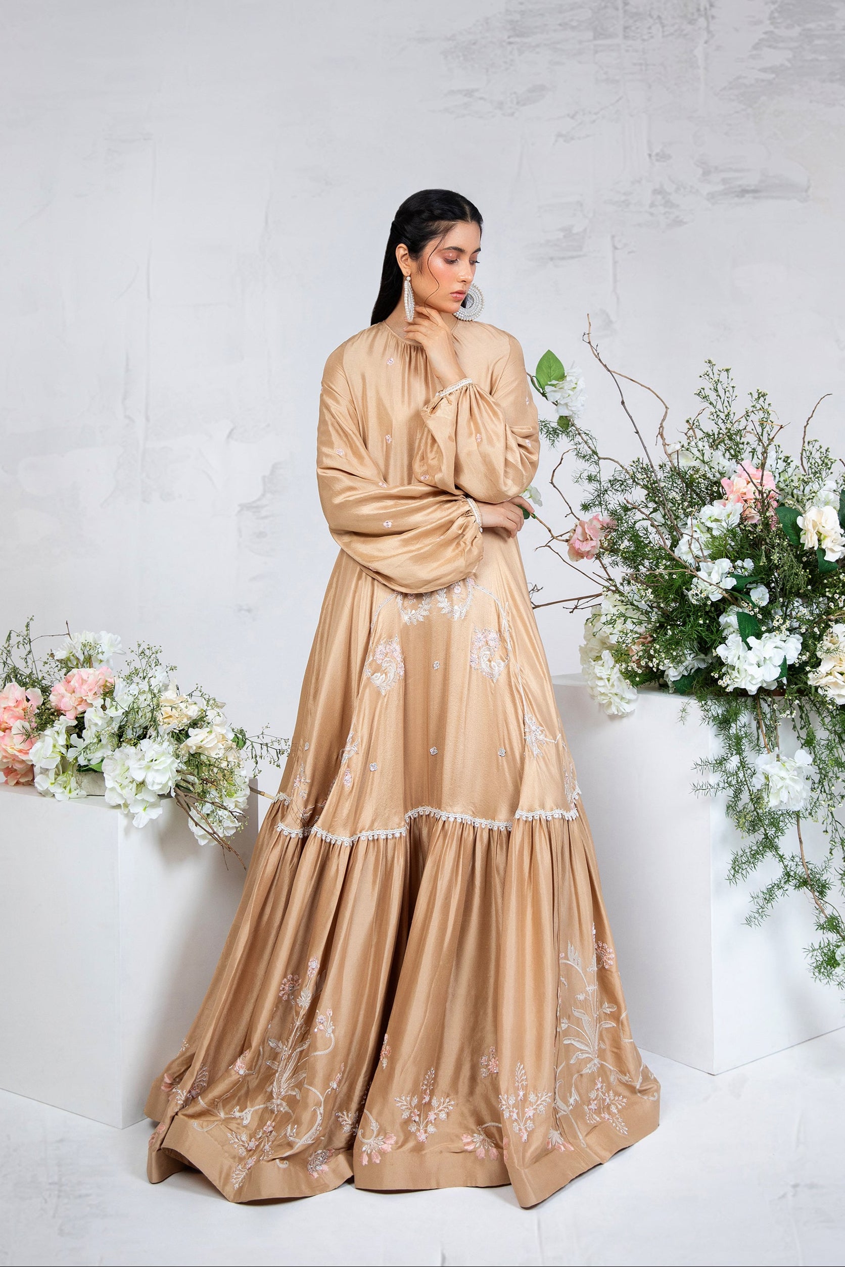 Pakistani Butter Gold Embroidered Silk Maxi Dress (1-Pc) - Image 3