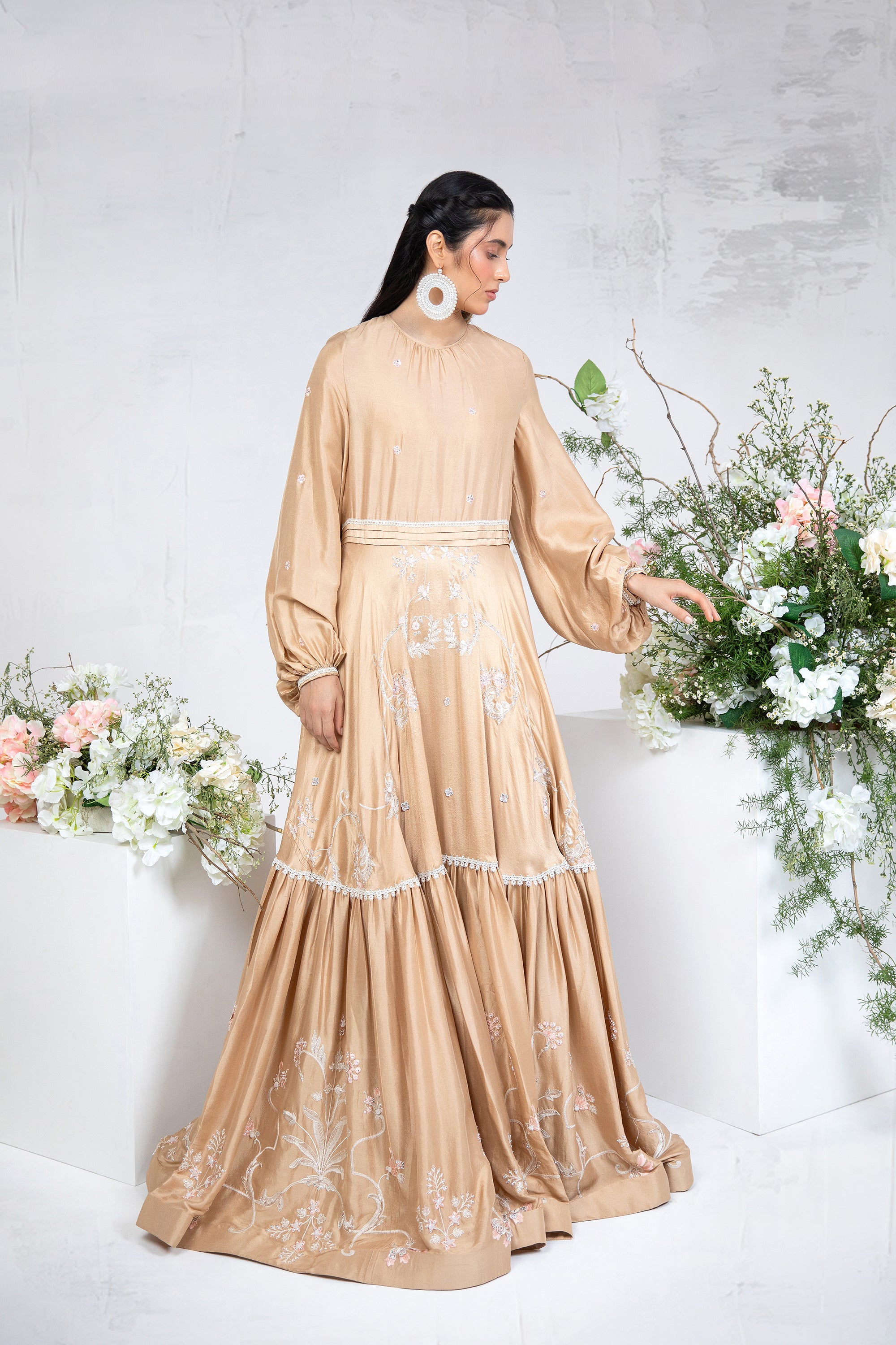 Pakistani Butter Gold Embroidered Silk Maxi Dress (1-Pc) - Image 4