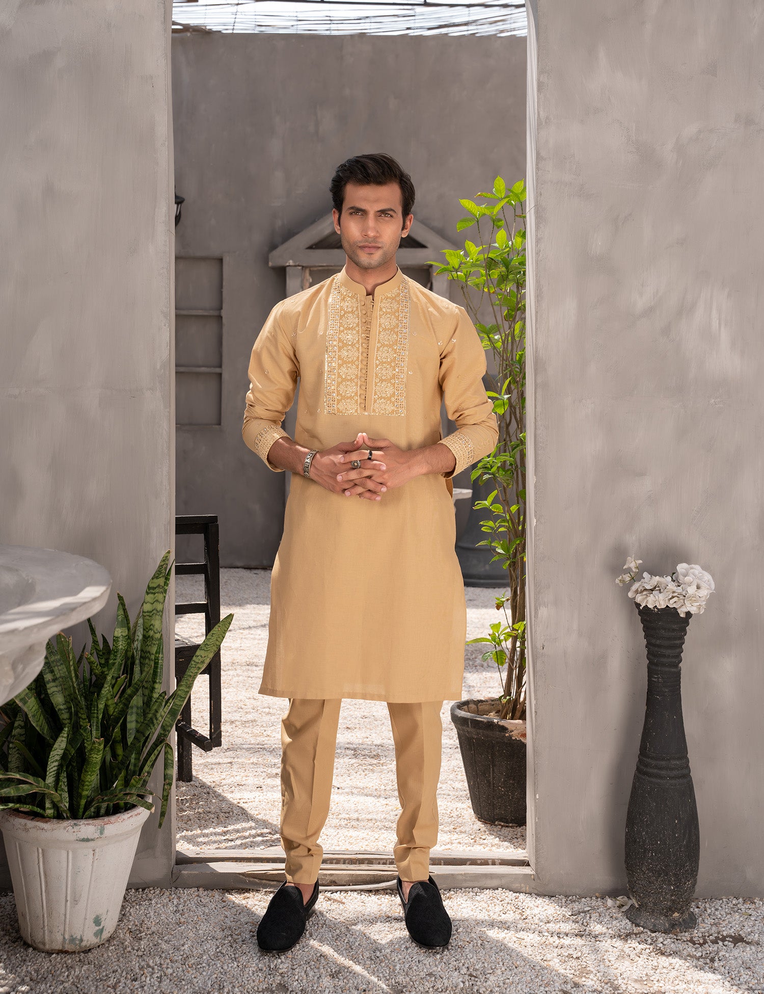 Gold Embroidered Cotton Kurta Trouser (2-Piece) - Image 1
