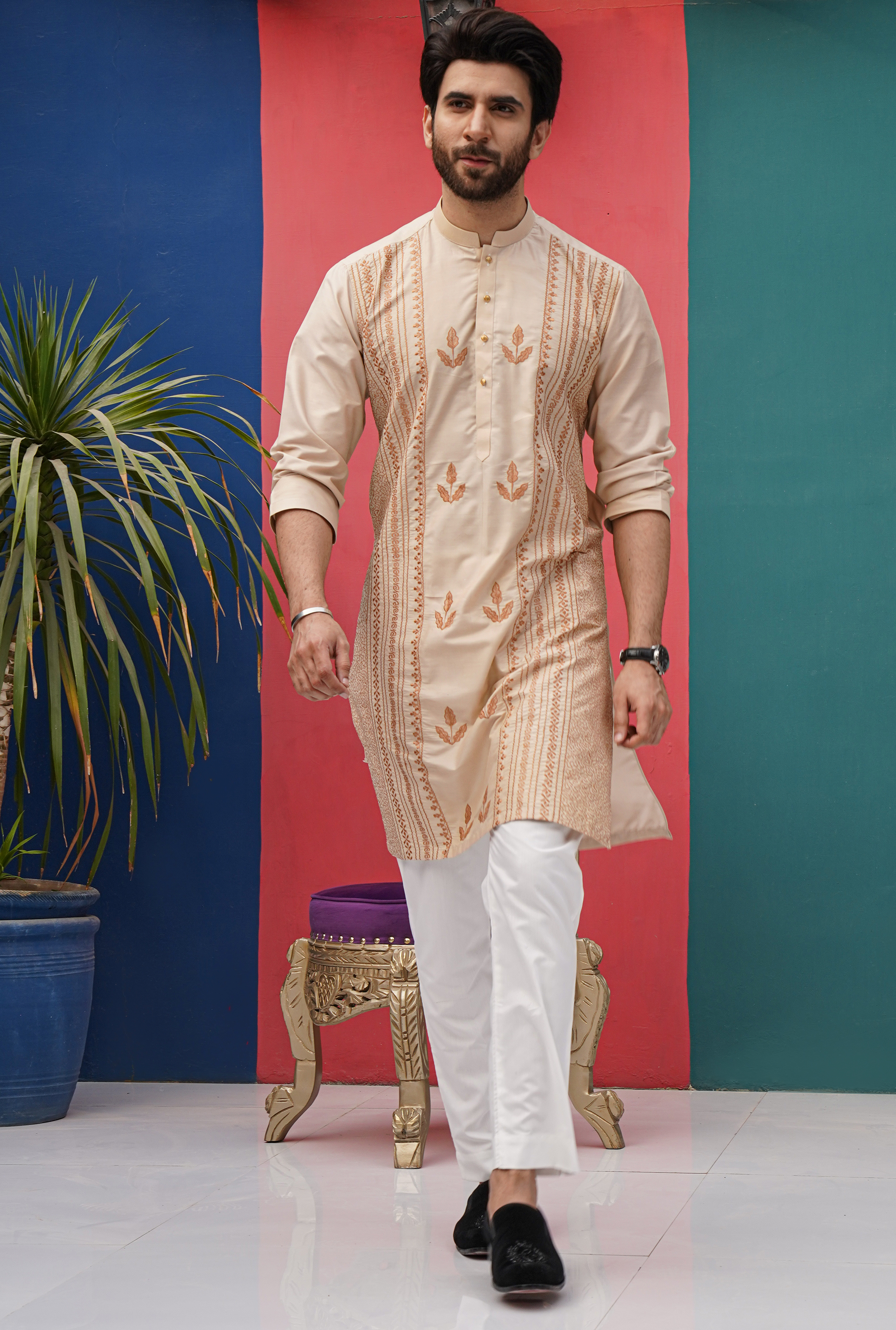 Gold Chikan Kari Cotton Silk Kurta (2-Piece) - Image 1