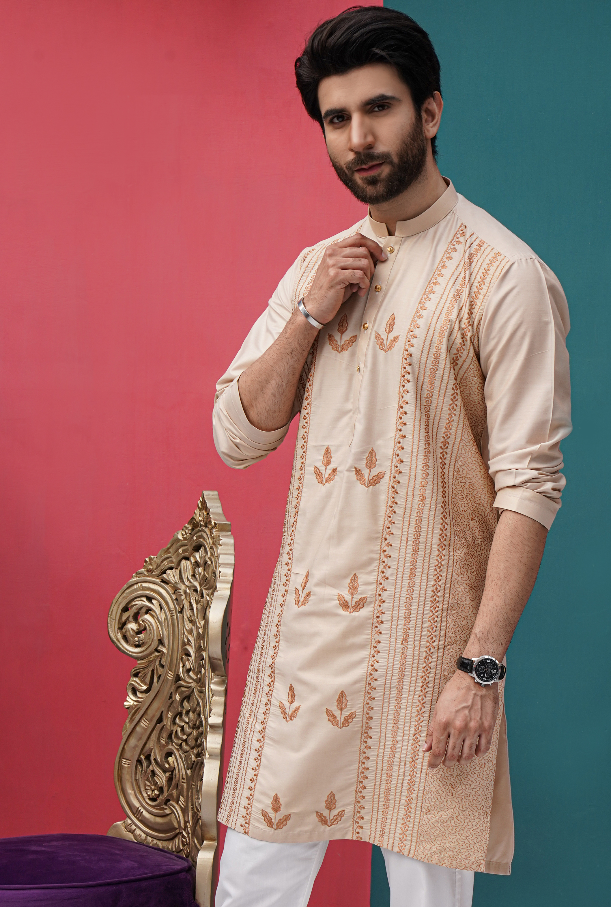 Gold Chikan Kari Cotton Silk Kurta (2-Piece) - Image 2
