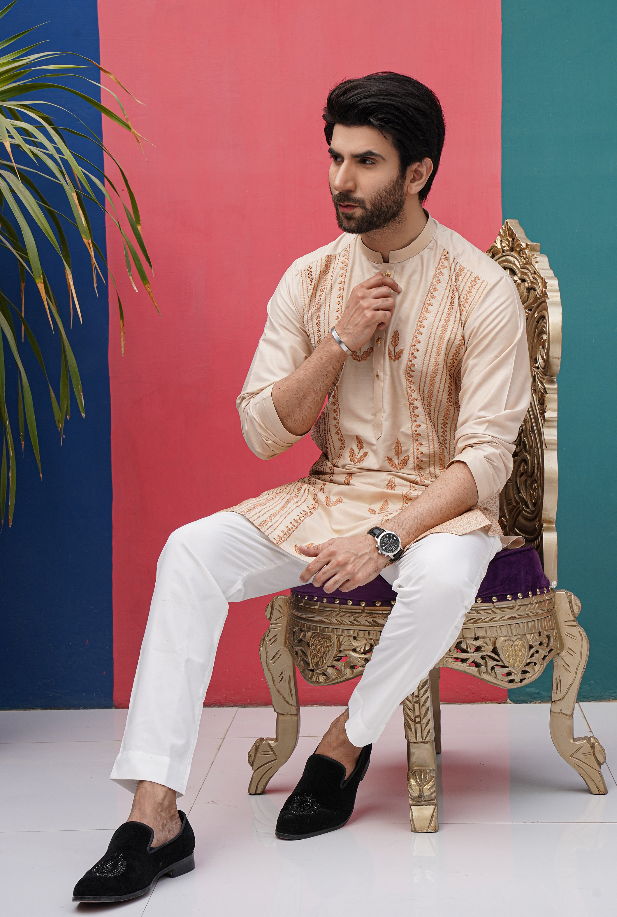 Gold Chikan Kari Cotton Silk Kurta (2-Piece) - Image 3