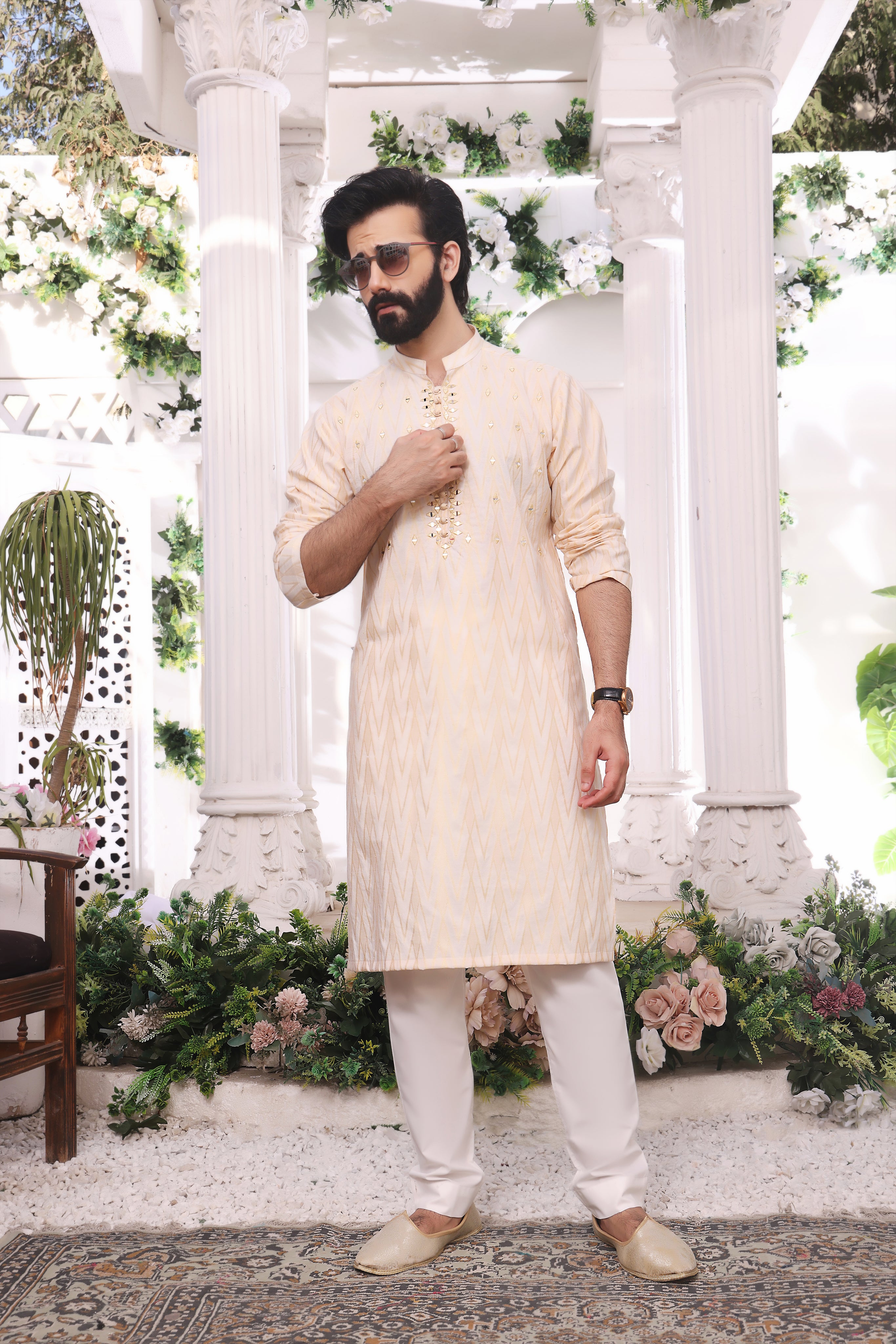 Gold Mirror-Embroidered Cotton Silk Kurta Pajama (2-Piece) - Image 1
