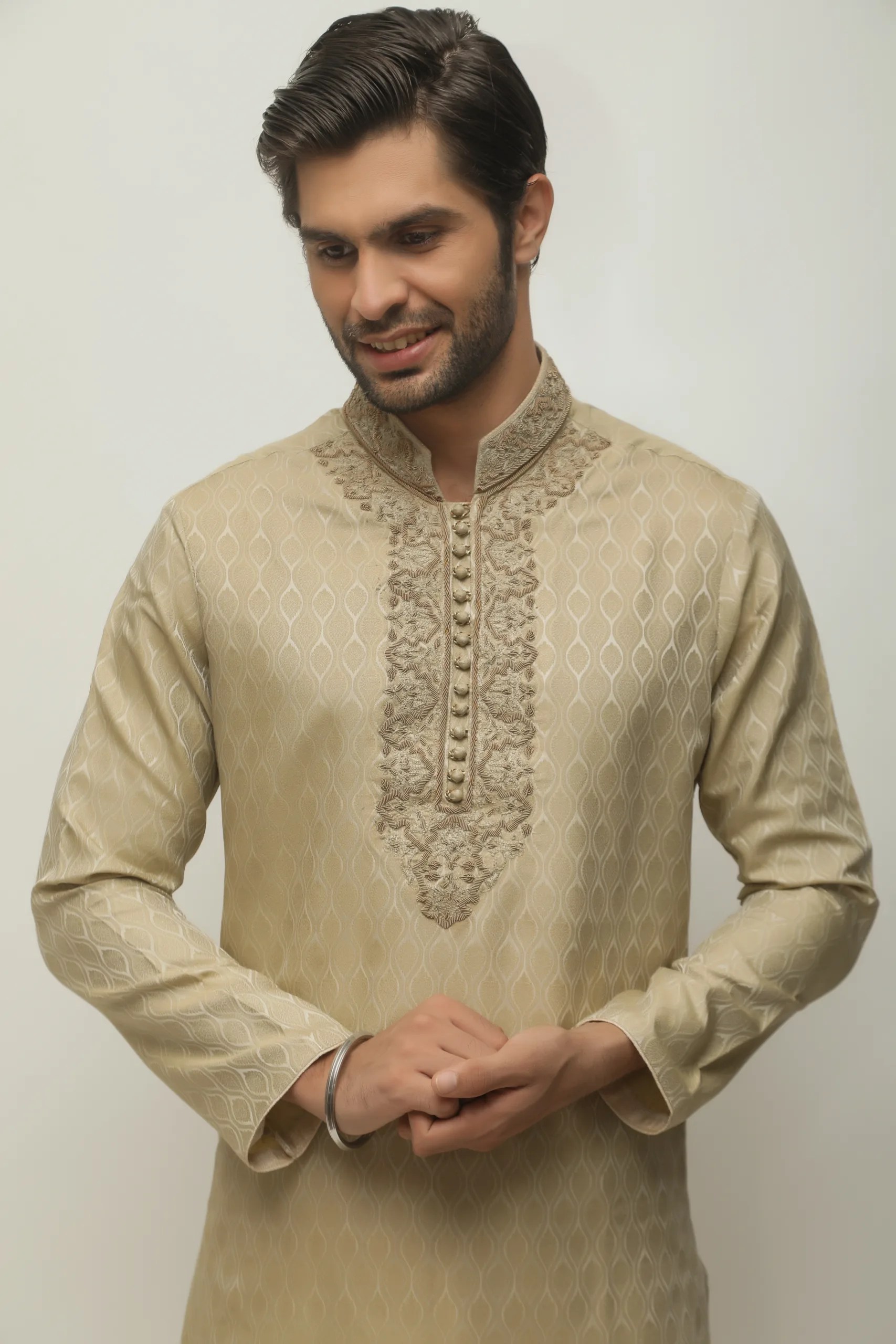 Champagne Embroidered Jacquard Kurta (1-Pc) - Image 1