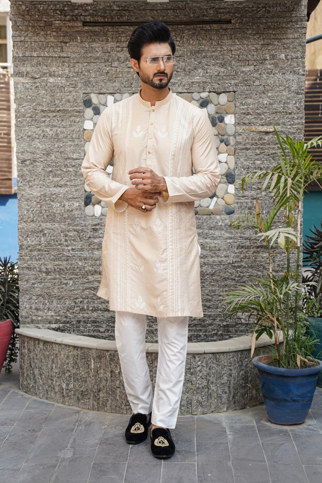 Gold Chikankari Embroidered Raw Silk Kurta (2-Piece) - Image 1
