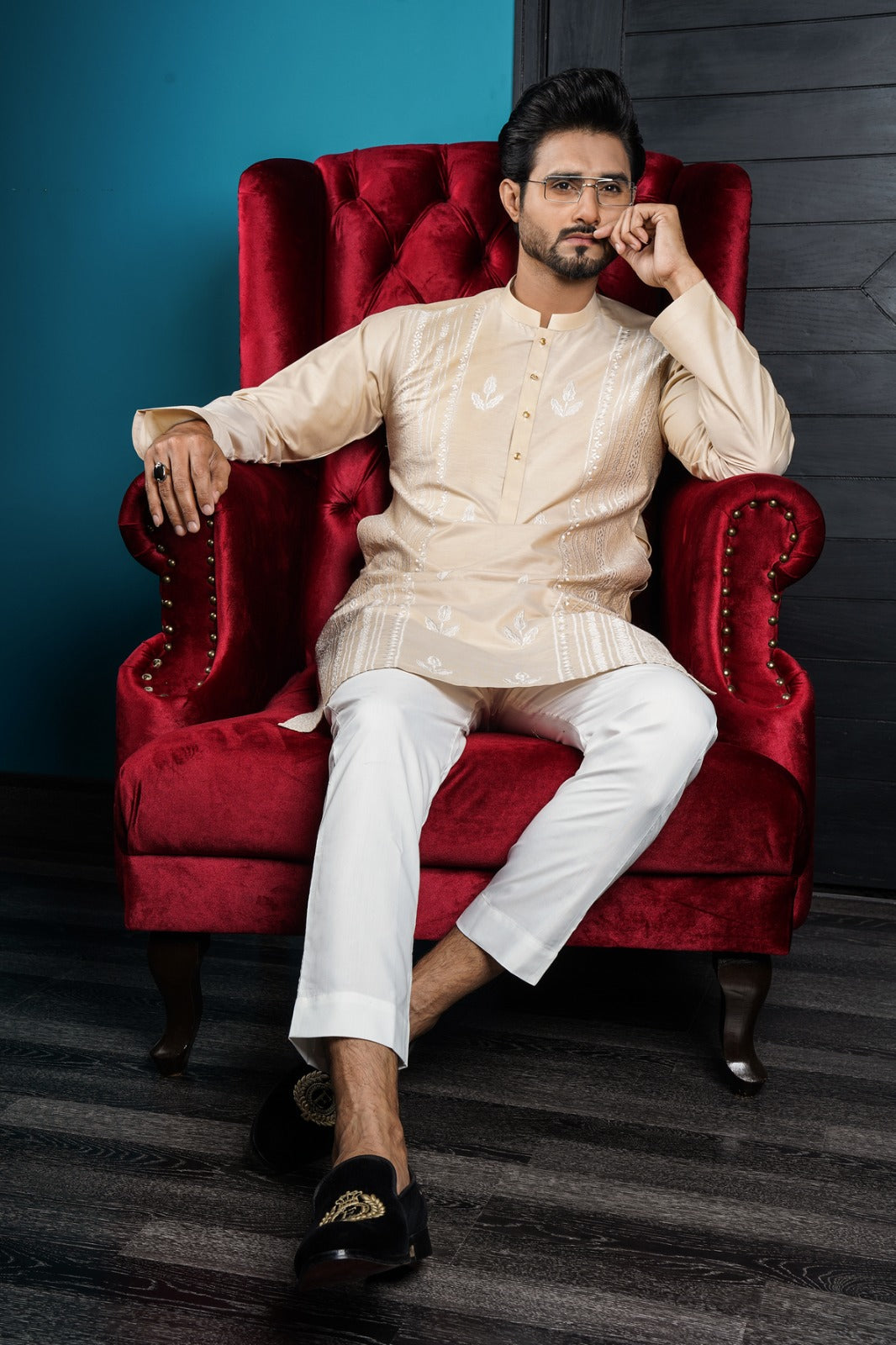 Gold Chikankari Embroidered Raw Silk Kurta (2-Piece) - Image 2