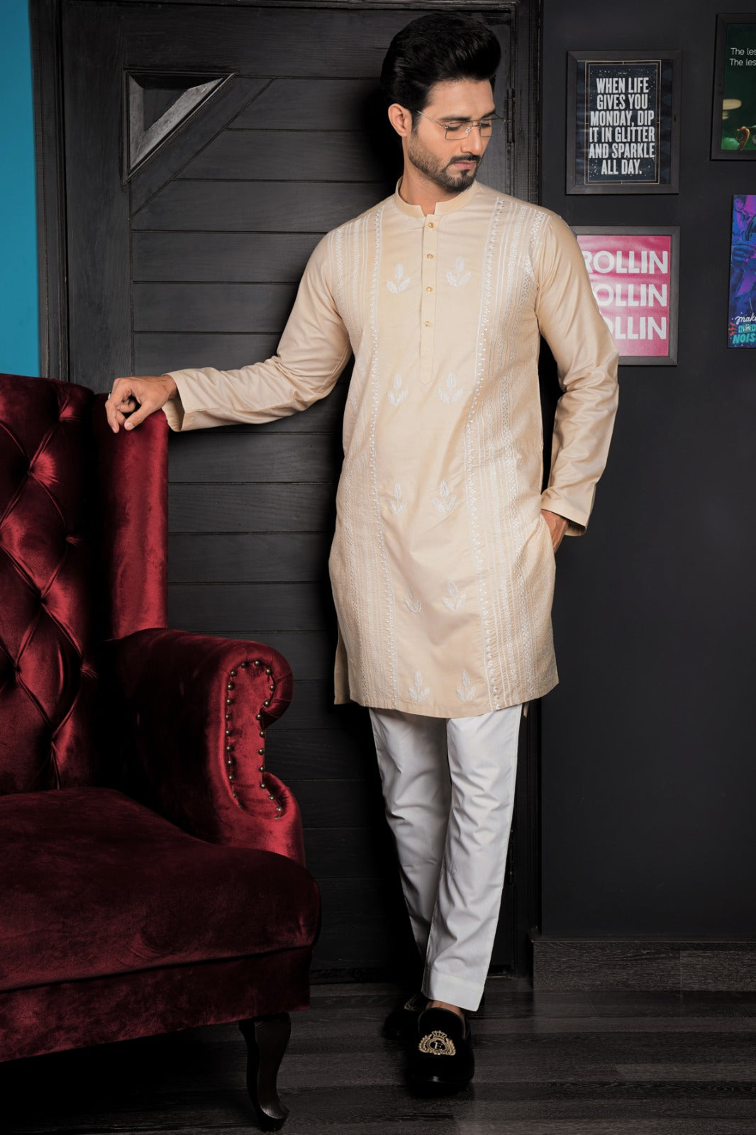 Gold Chikankari Embroidered Raw Silk Kurta (2-Piece) - Image 3