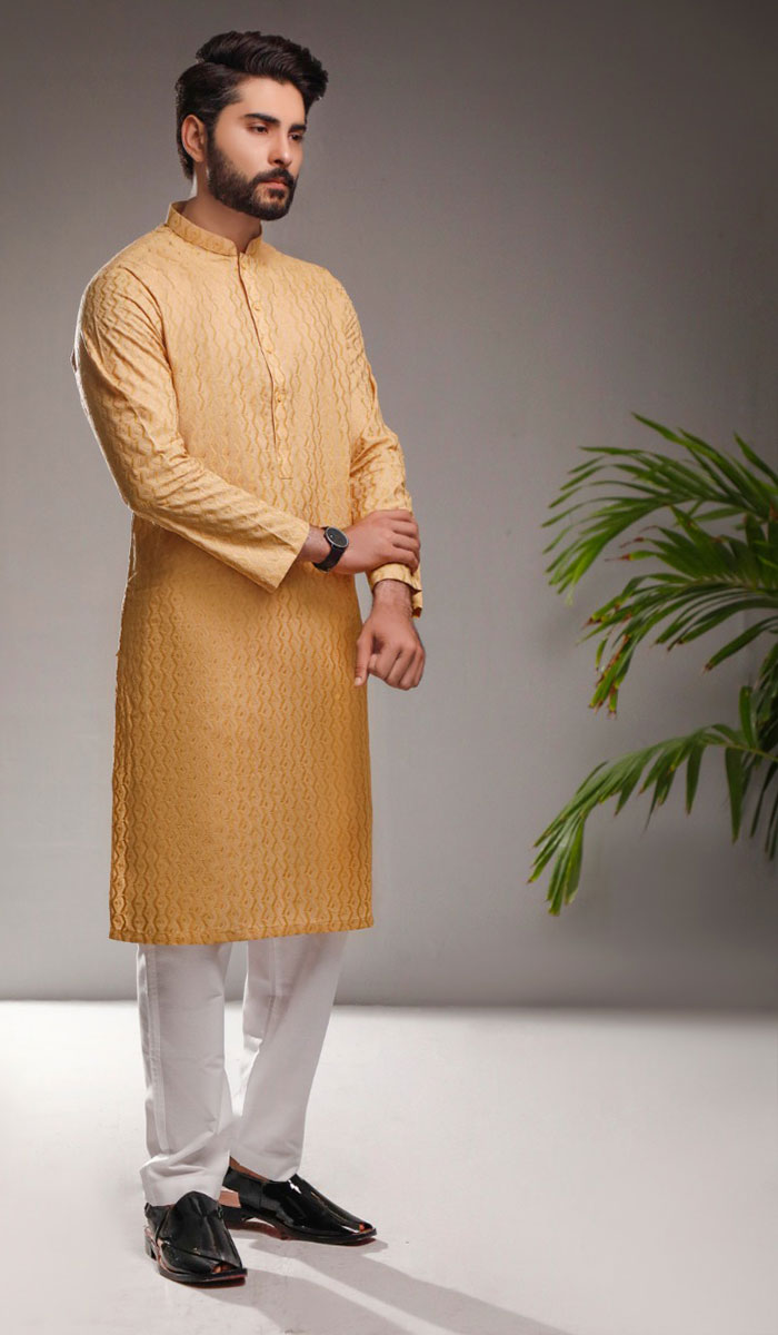 Light Golden Chikankari Silk-Blend Kurta (2-Piece) - Image 1