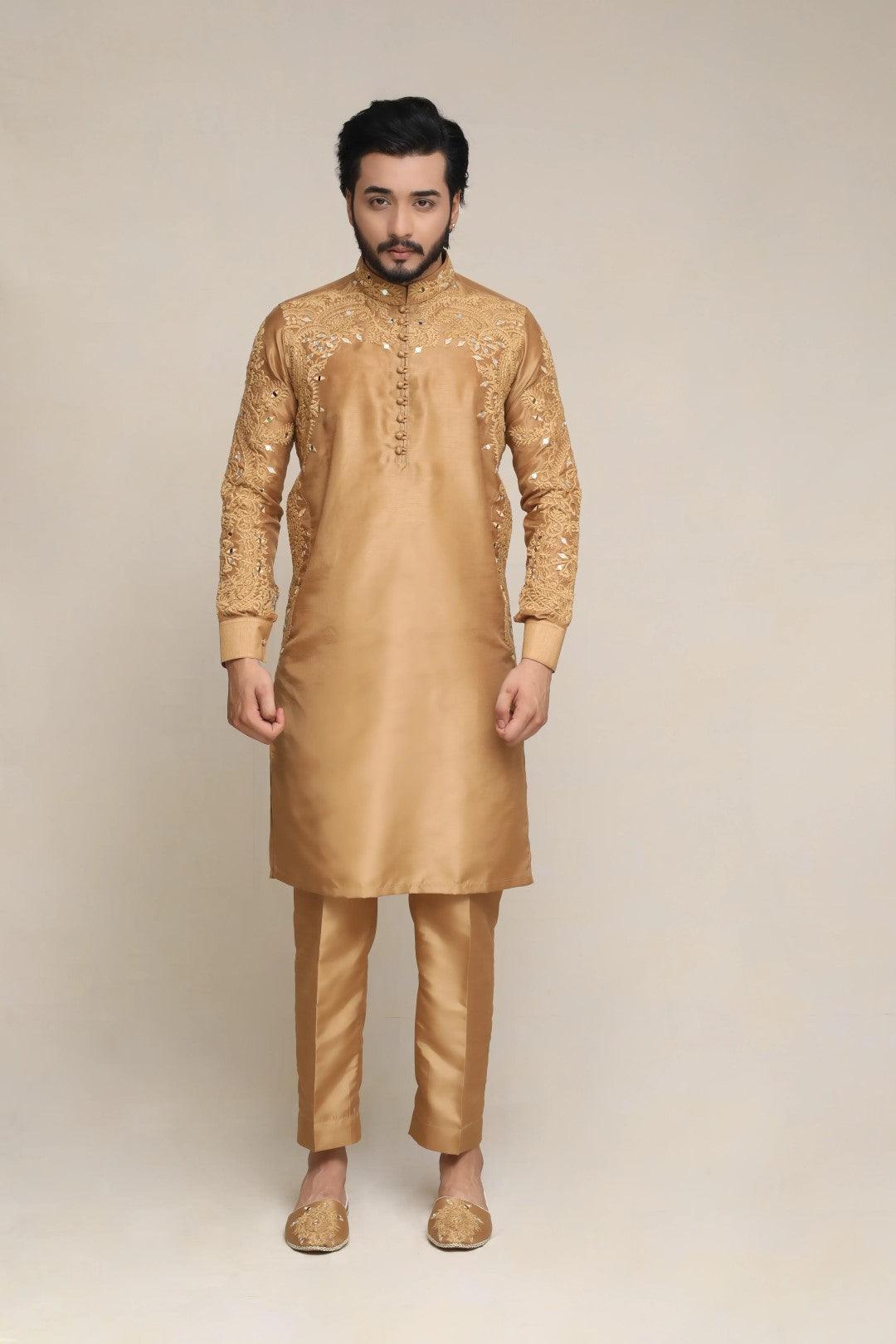 Golden Shisha-Embroidered Silk Kurta Pajama (2-Piece) - Image 1