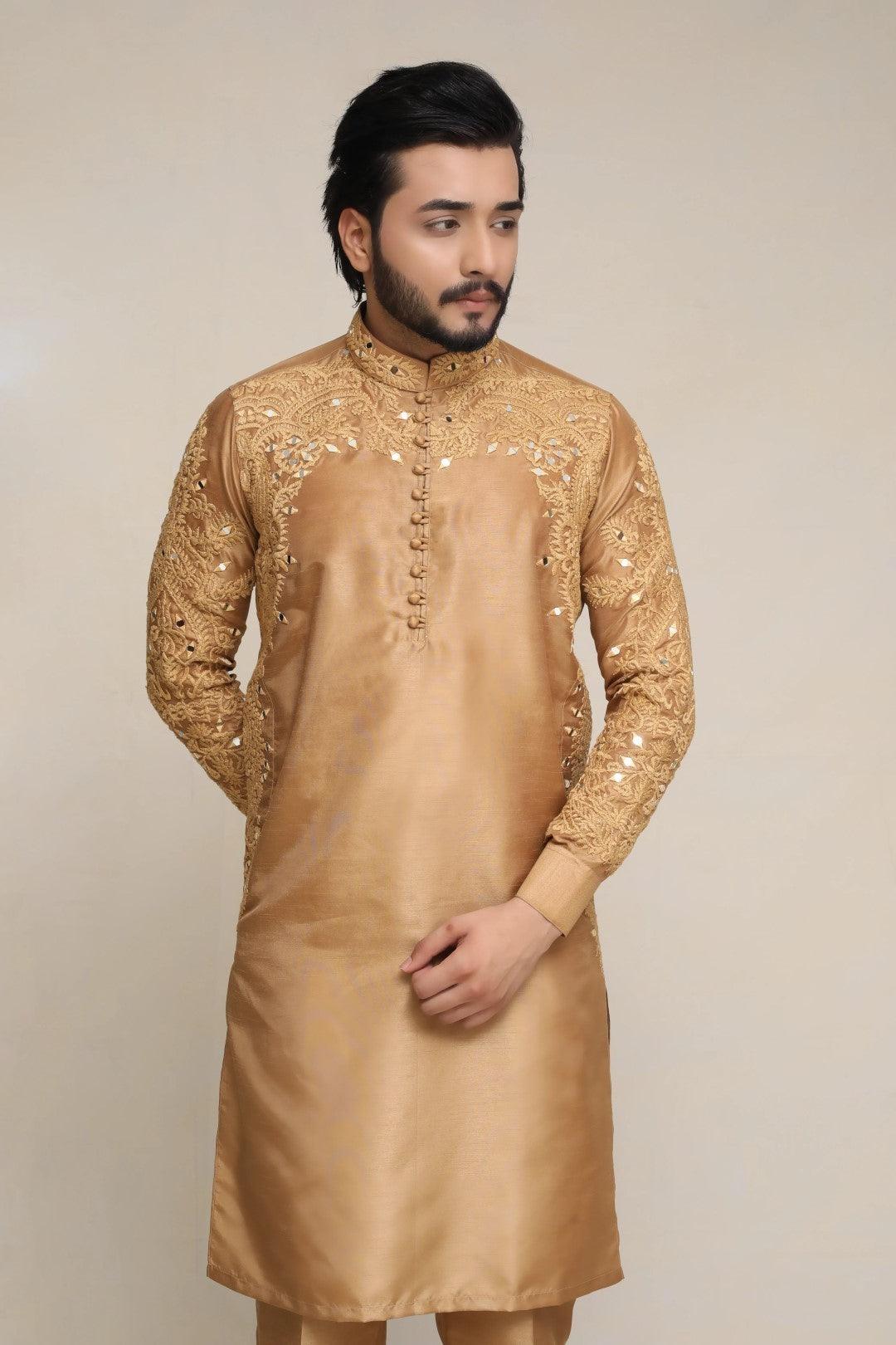 Golden Shisha-Embroidered Silk Kurta Pajama (2-Piece) - Image 2
