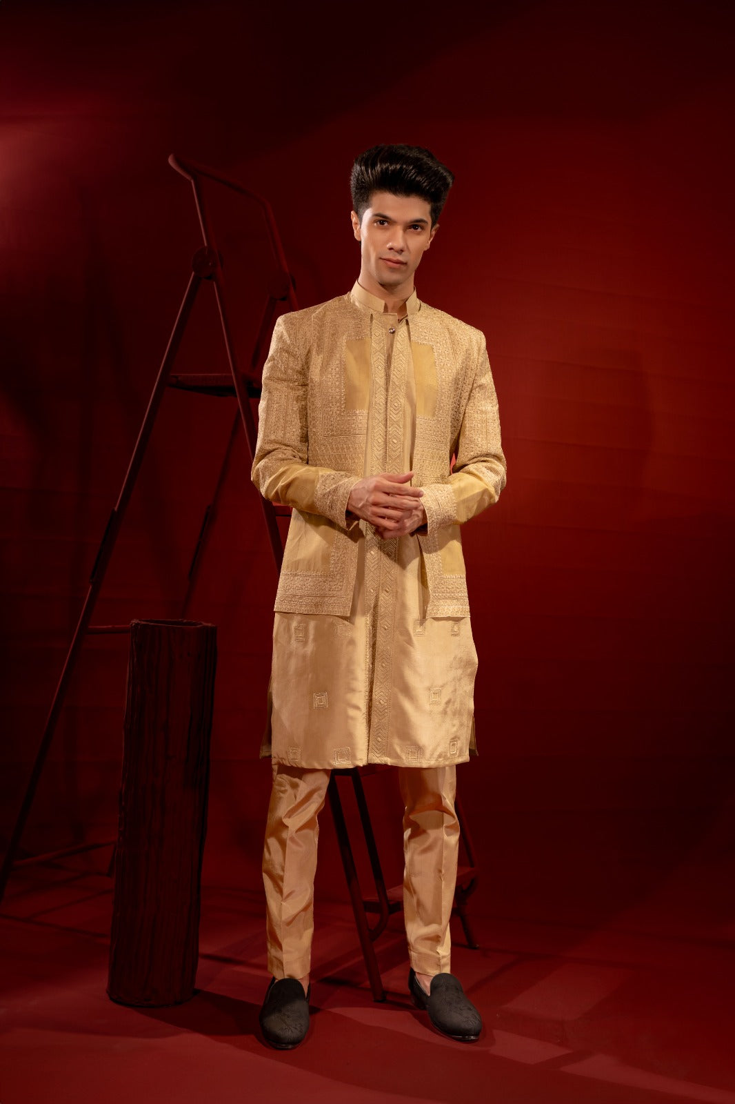 Golden Embroidered Silk Kurta Pajama (2-Piece) - Image 1